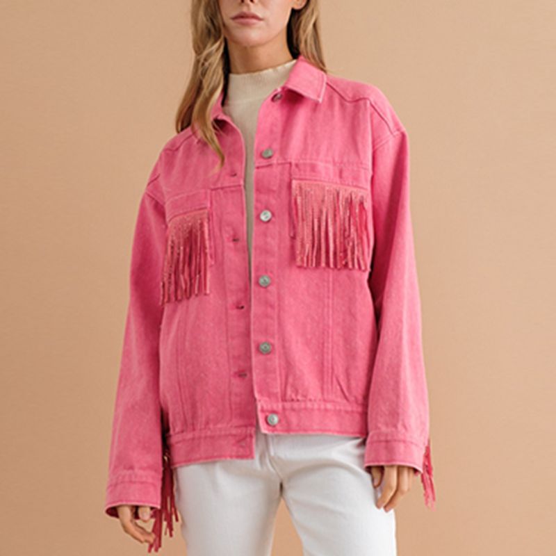 Fringe Detail Dropped Shoulder Denim Jacket