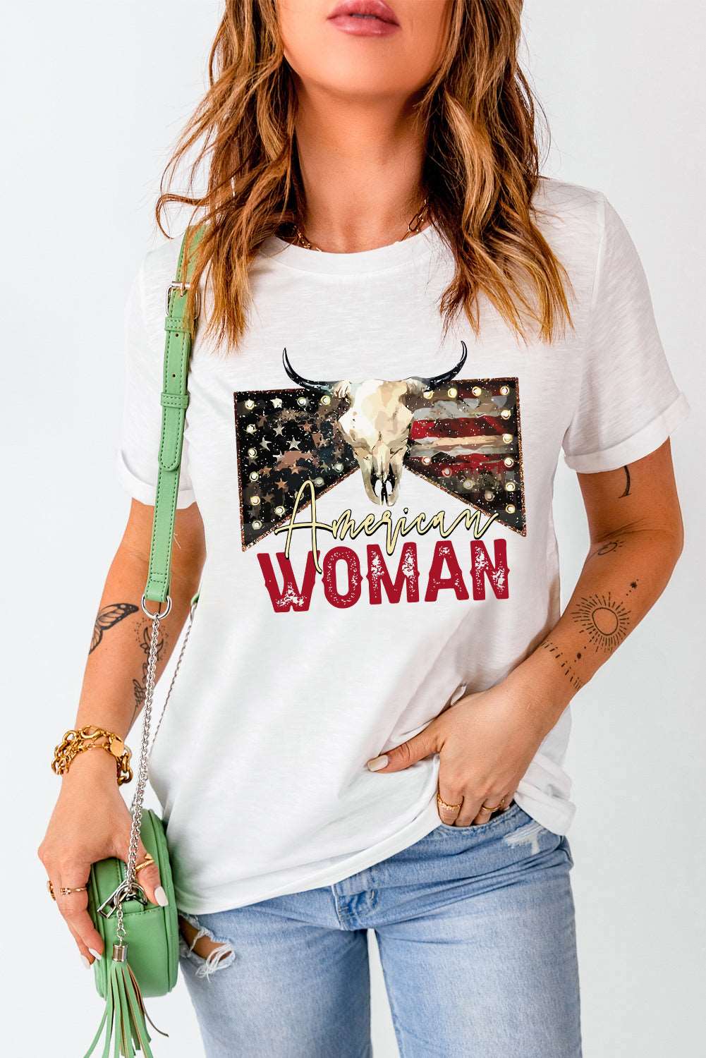 AMERICAN WOMAN Graphic Round Neck Tee The Stout Steer