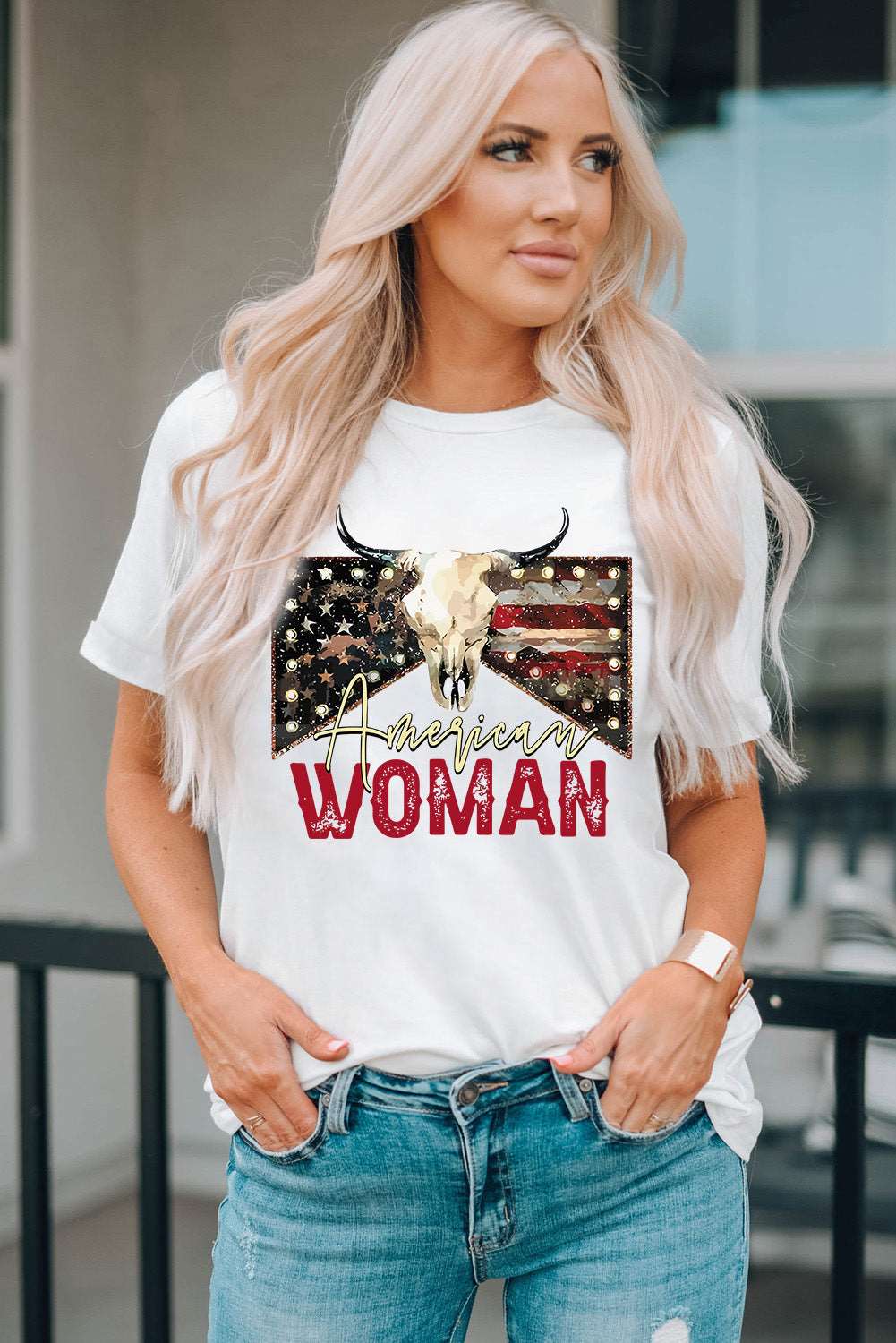 AMERICAN WOMAN Graphic Round Neck Tee The Stout Steer