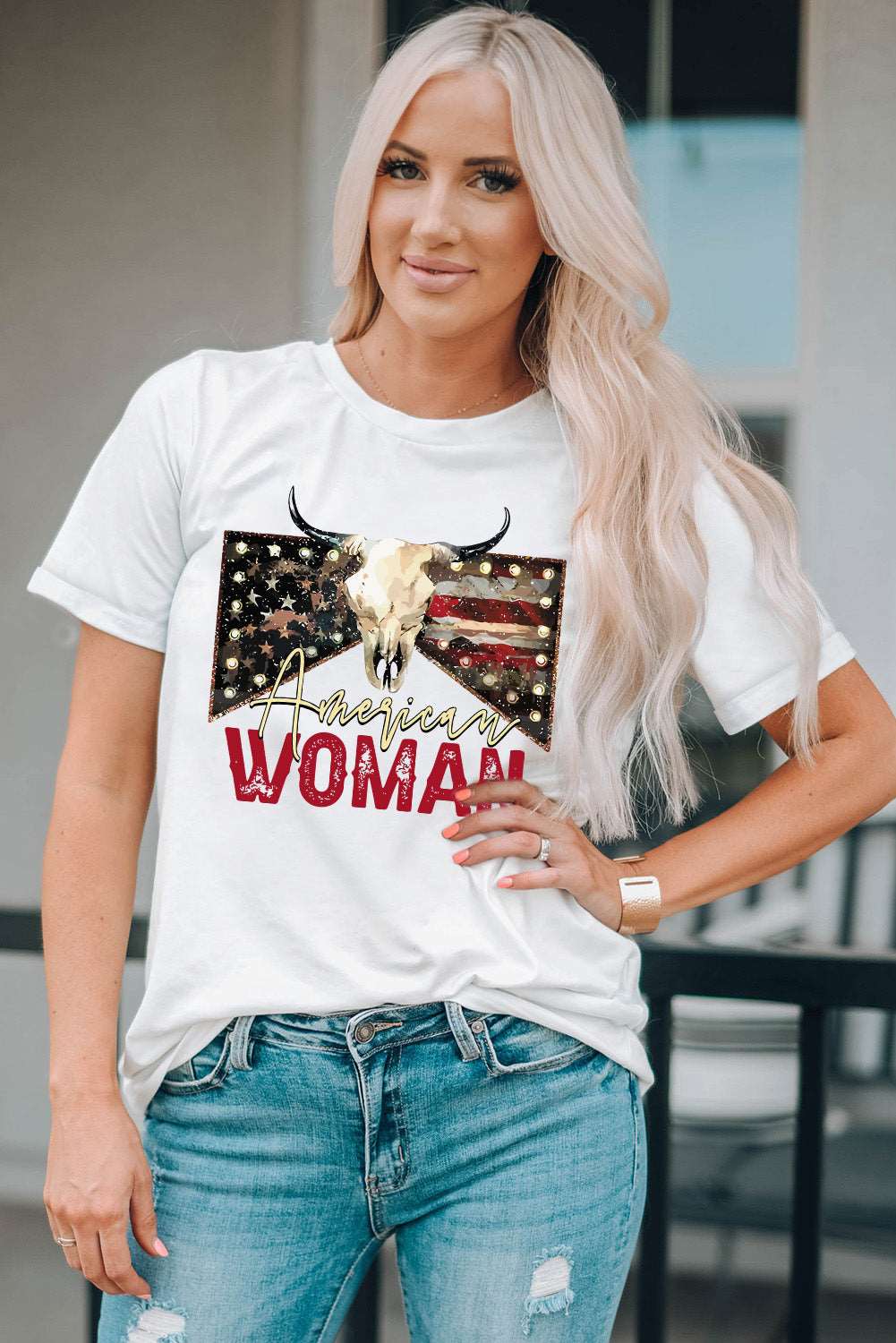 AMERICAN WOMAN Graphic Round Neck Tee The Stout Steer