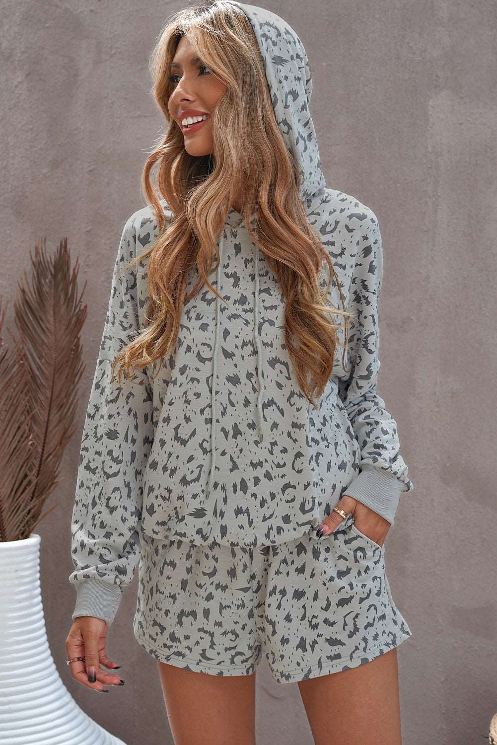 Animal Print Drawstring Detail Hoodie and Shorts Lounge Set The Stout Steer