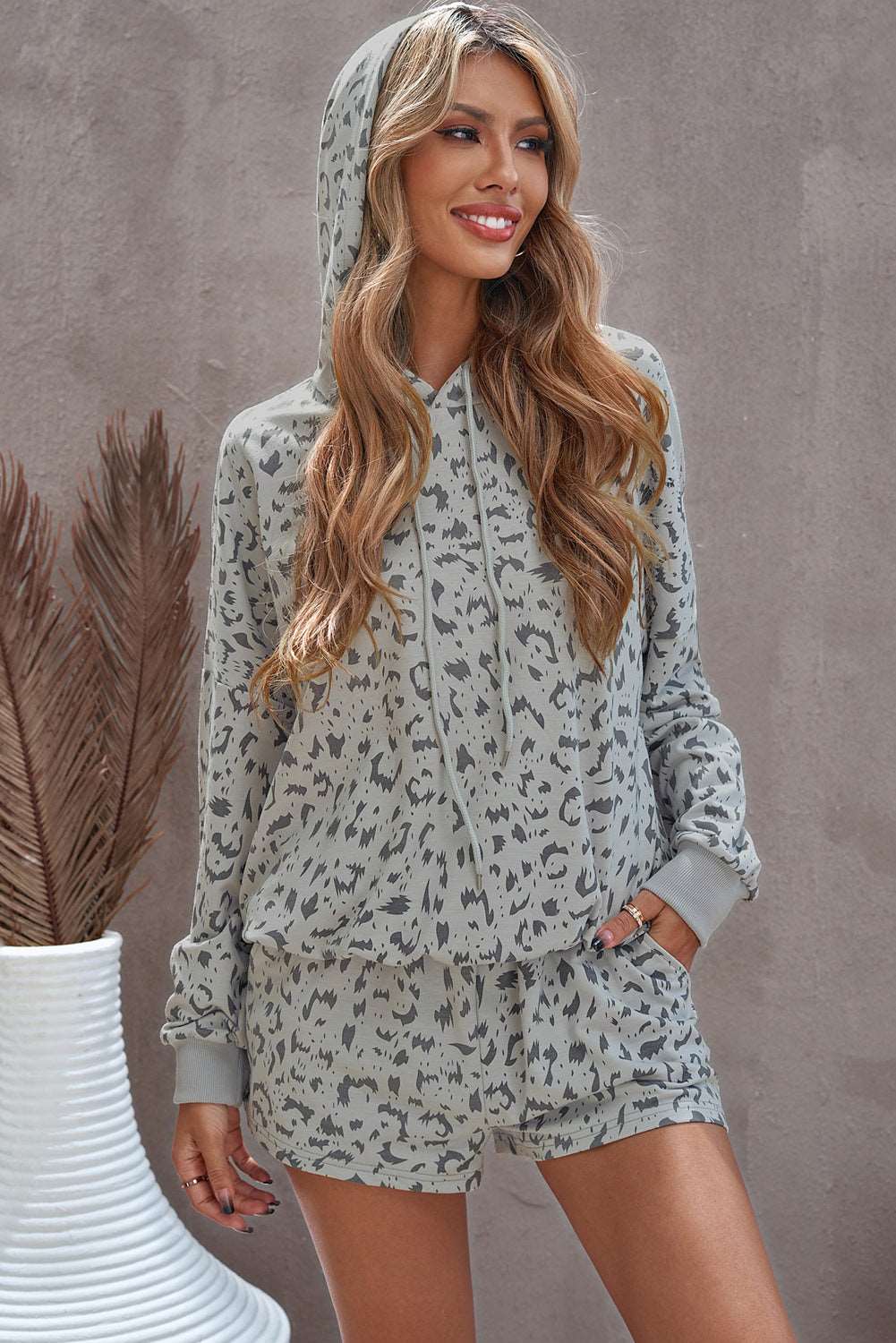Animal Print Drawstring Detail Hoodie and Shorts Lounge Set The Stout Steer