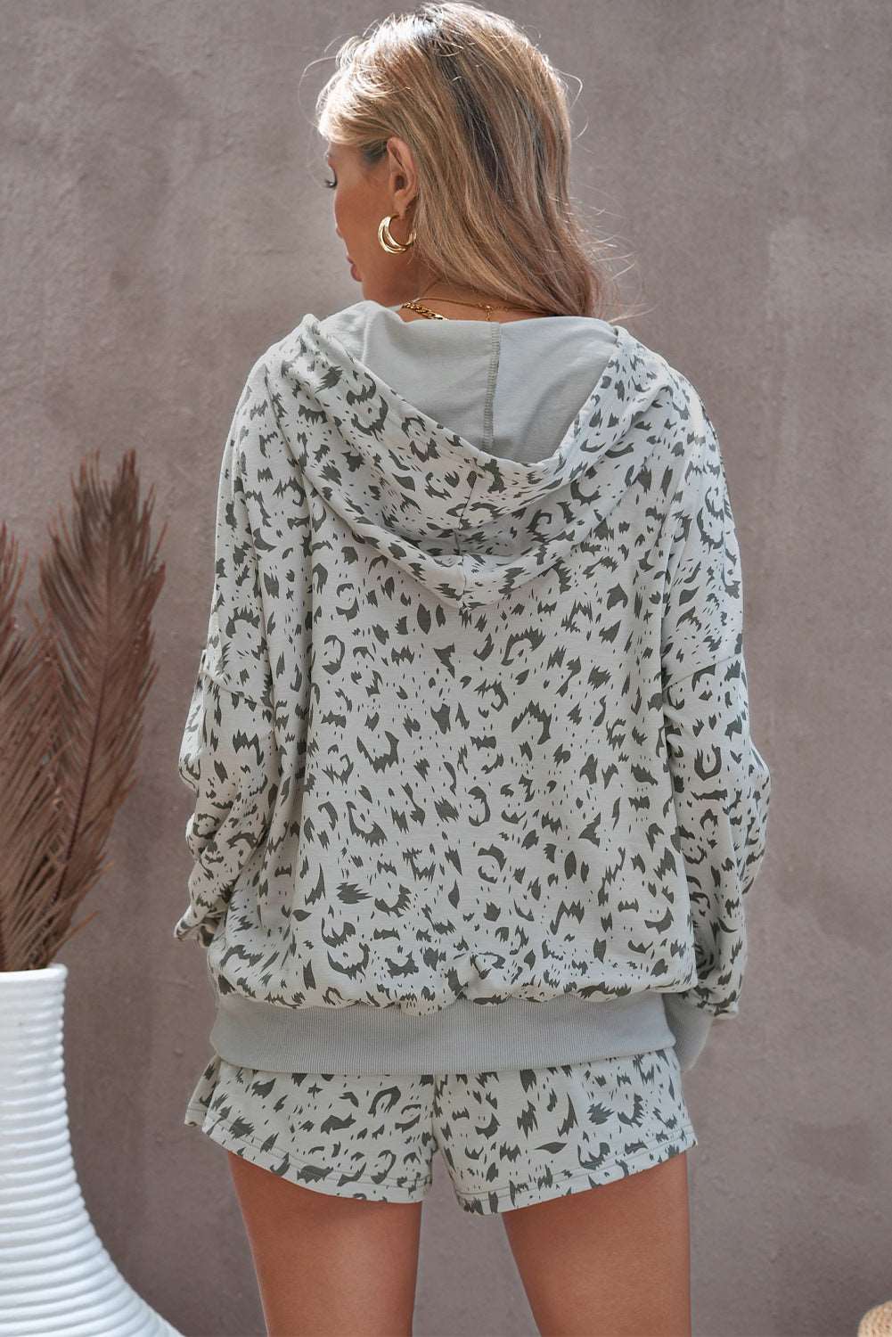 Animal Print Drawstring Detail Hoodie and Shorts Lounge Set The Stout Steer