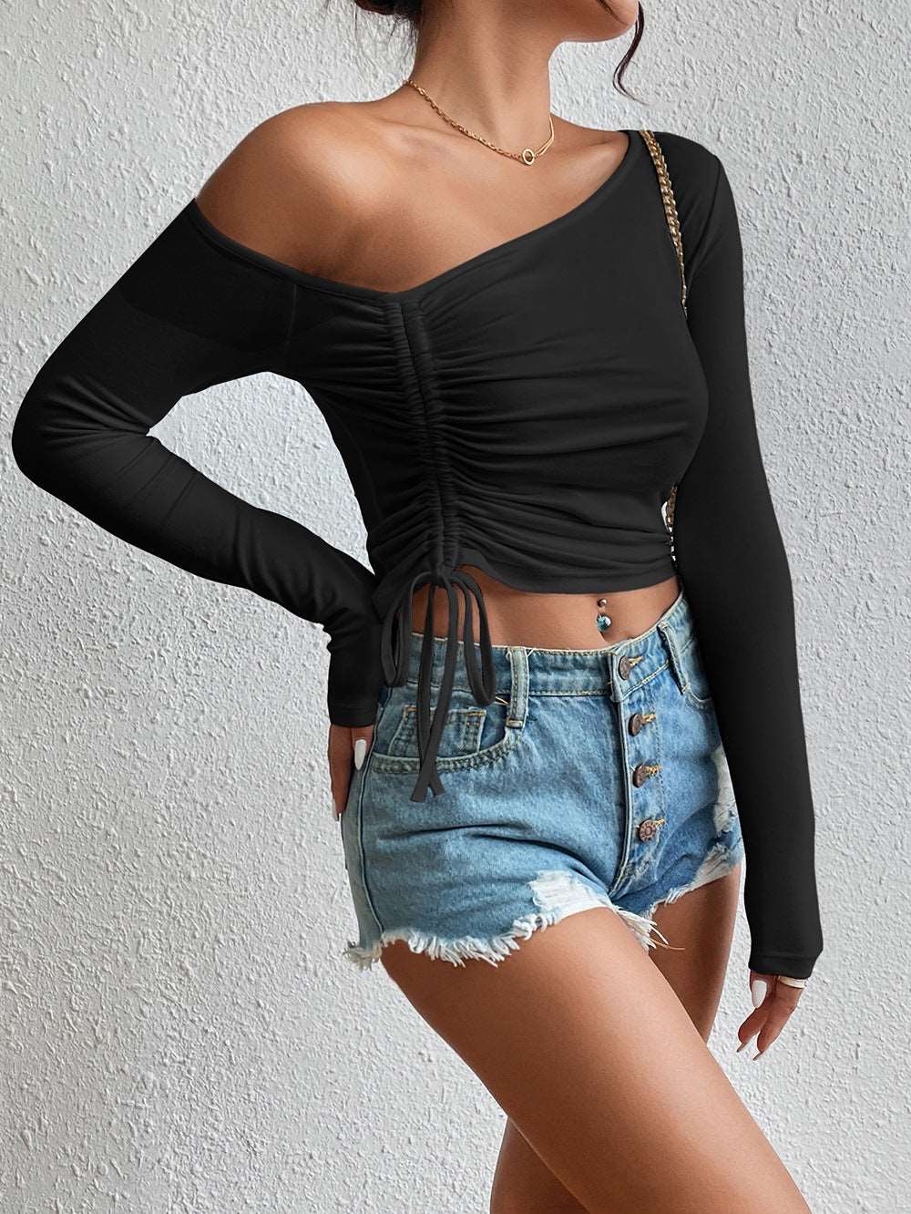 Asymmetrical Long Sleeve Side Tie Blouse The Stout Steer