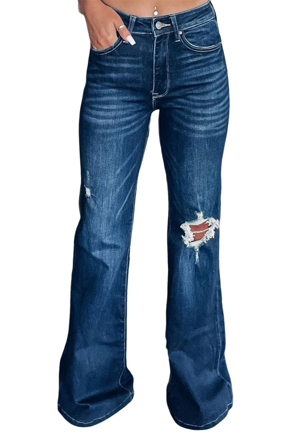 Asymmetrical Open Knee Distressed Flare Jeans The Stout Steer
