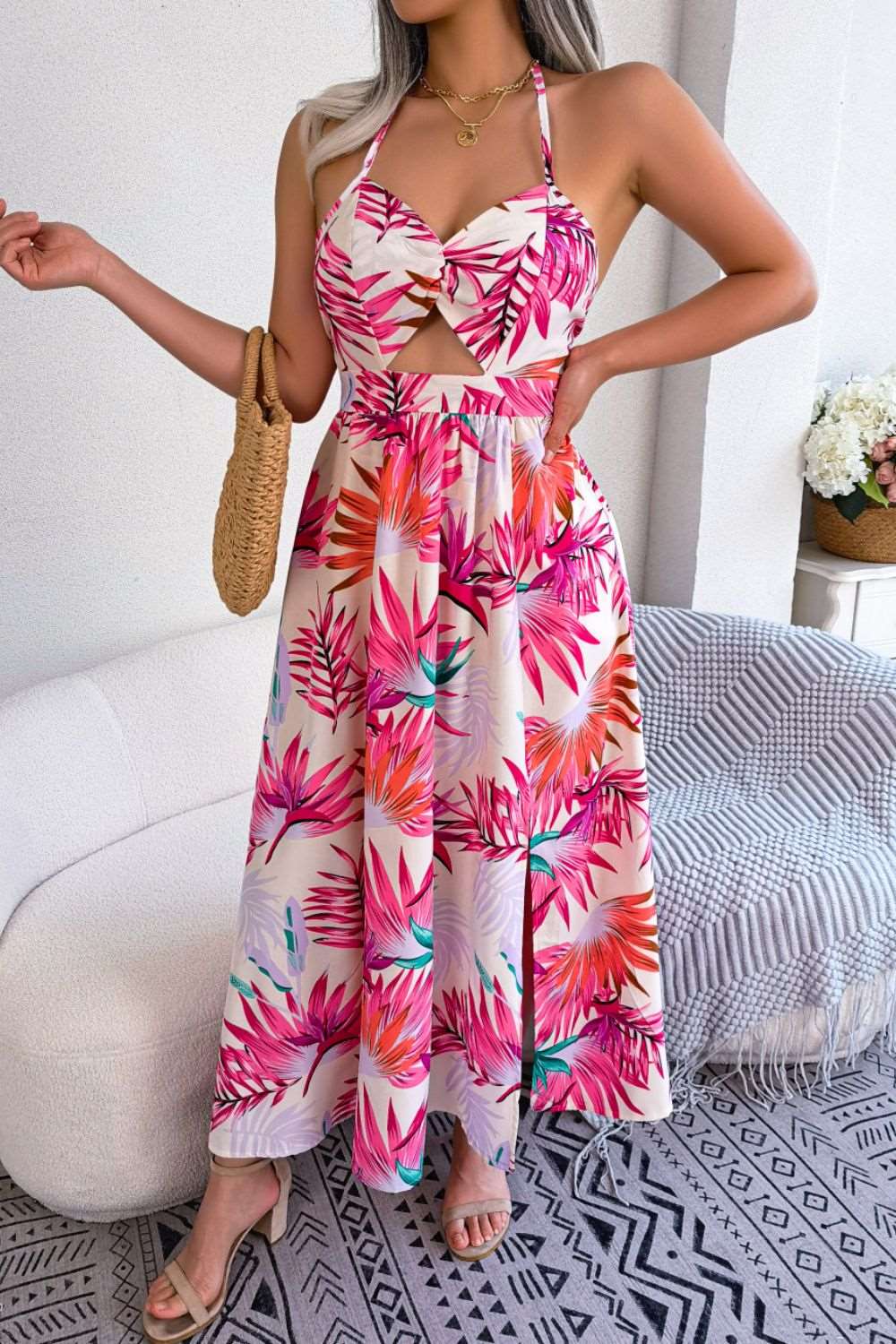 Botanical Print Tied Backless Cutout Slit Dress The Stout Steer