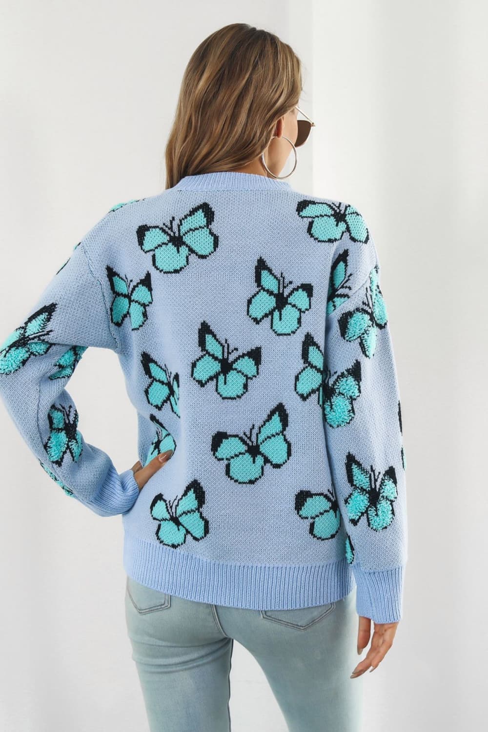 Butterfly Pattern Round Neck Dropped Shoulder Sweater The Stout Steer