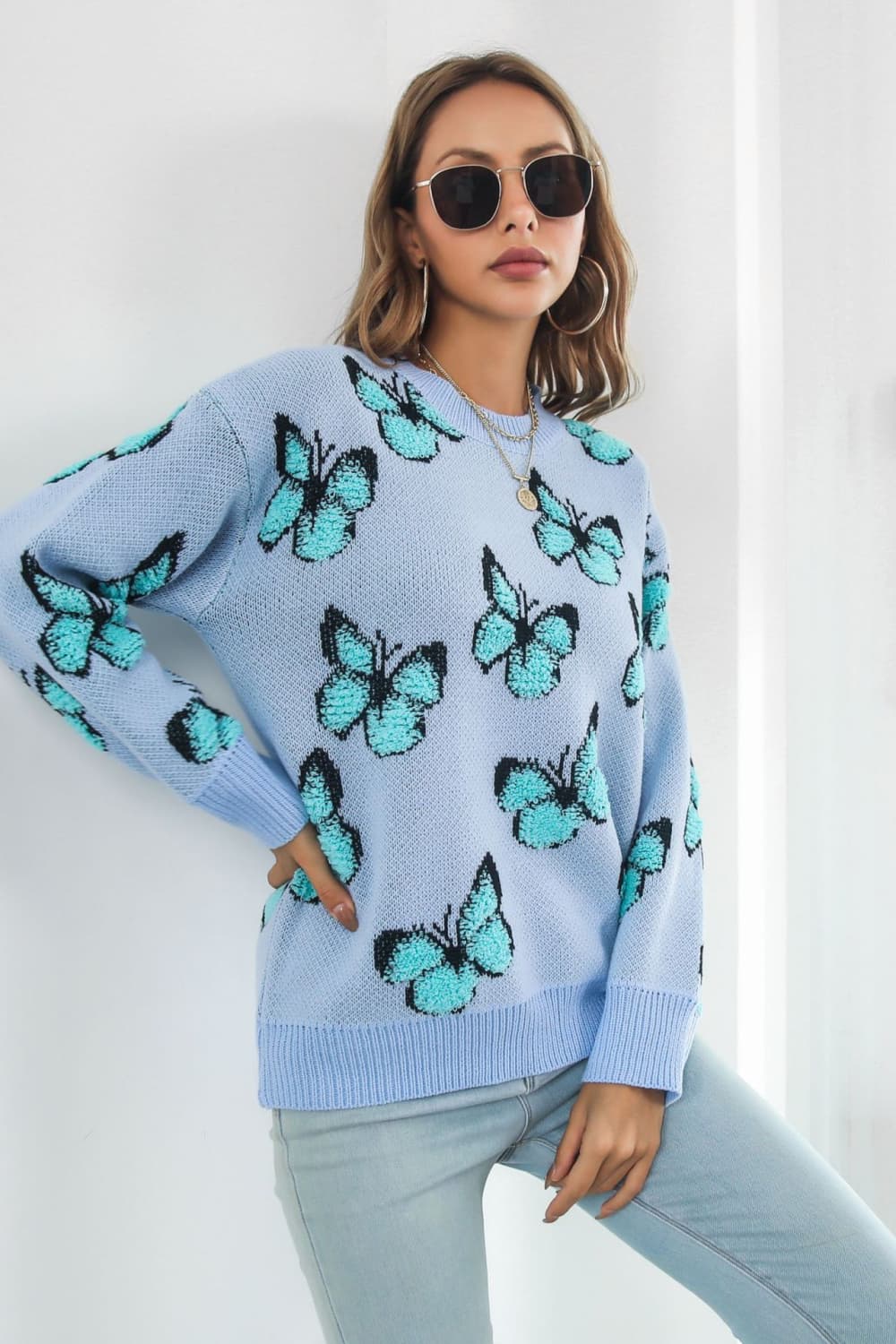 Butterfly Pattern Round Neck Dropped Shoulder Sweater The Stout Steer