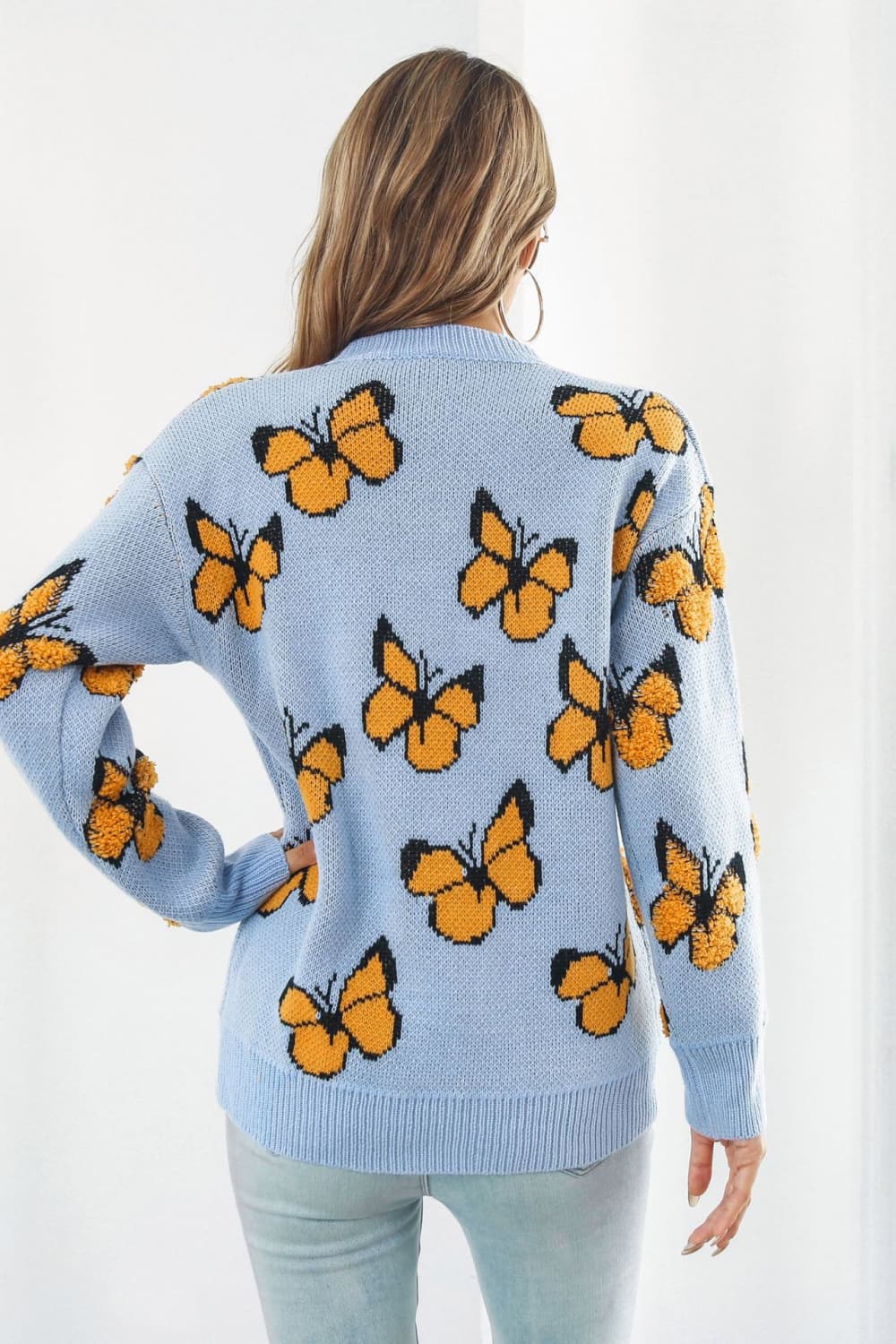 Butterfly Pattern Round Neck Dropped Shoulder Sweater The Stout Steer