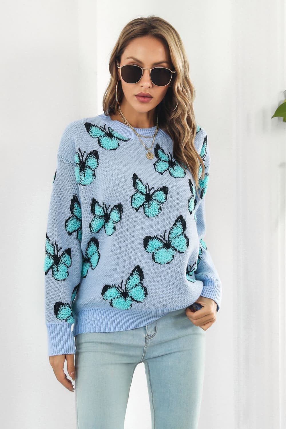 Butterfly Pattern Round Neck Dropped Shoulder Sweater The Stout Steer
