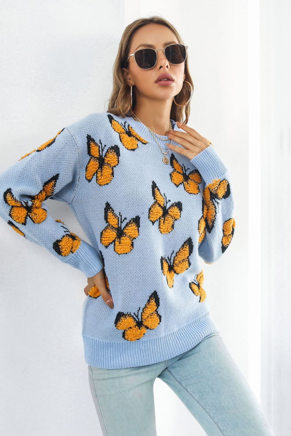 Butterfly Pattern Round Neck Dropped Shoulder Sweater The Stout Steer