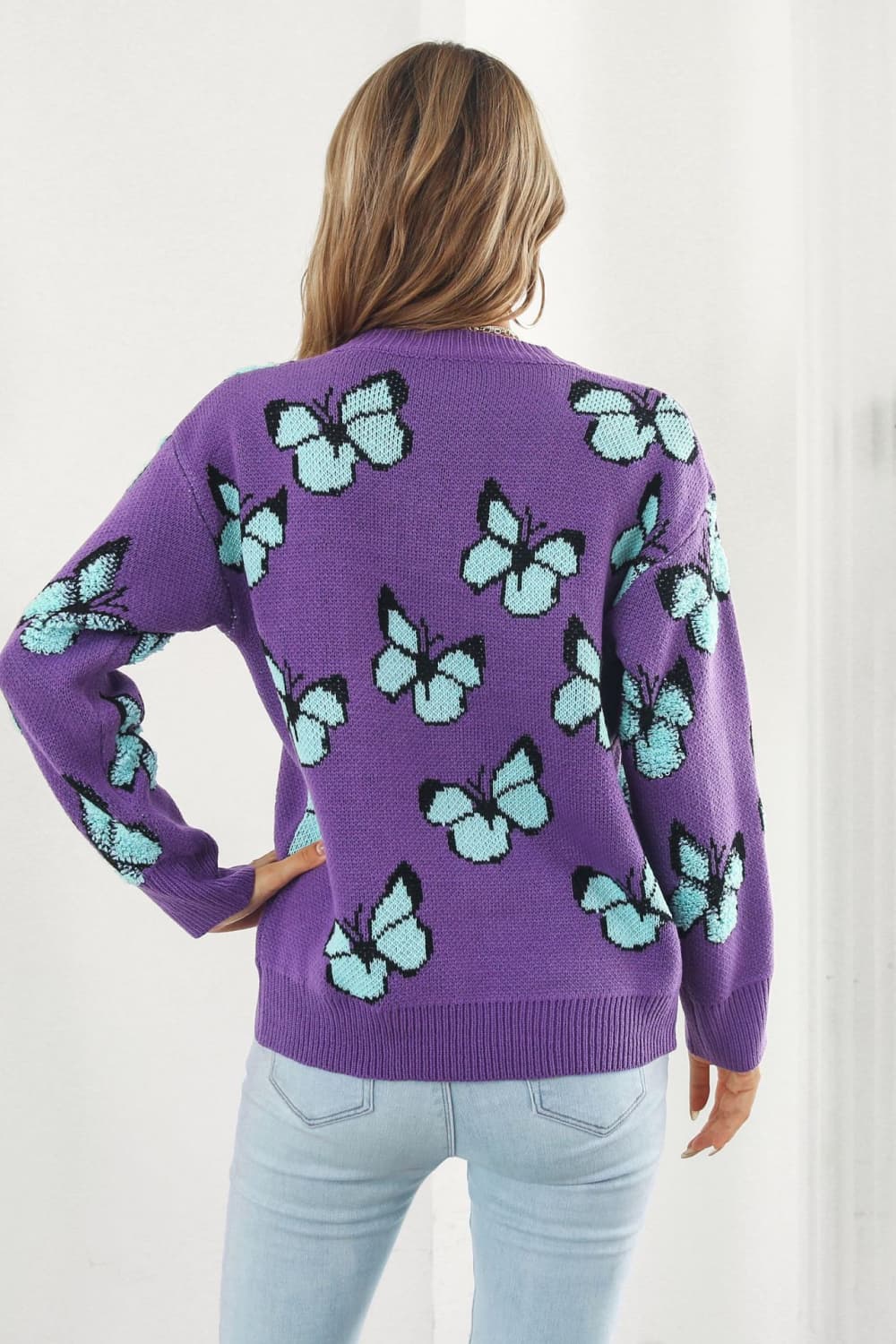 Butterfly Pattern Round Neck Dropped Shoulder Sweater The Stout Steer