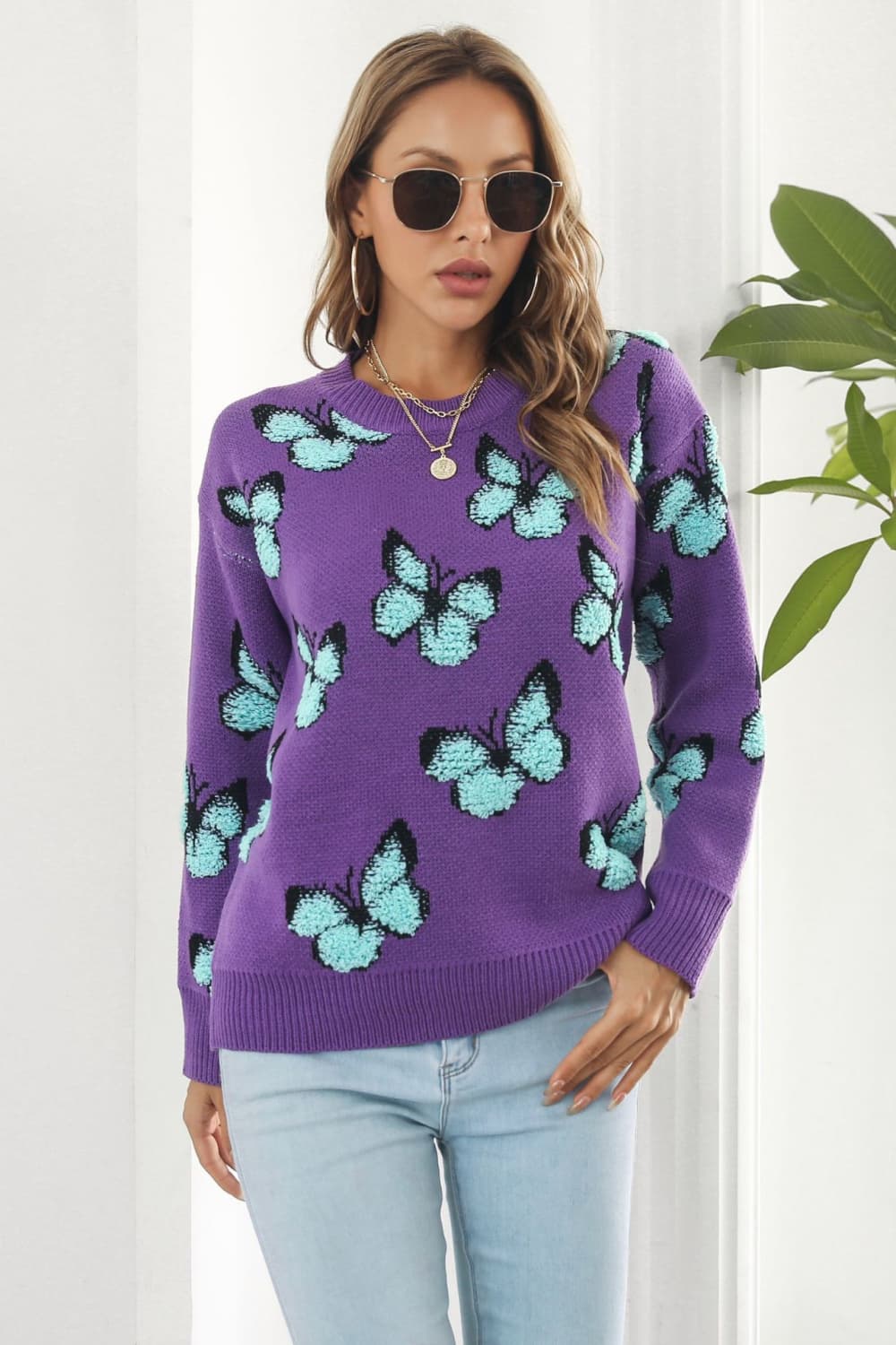 Butterfly Pattern Round Neck Dropped Shoulder Sweater The Stout Steer