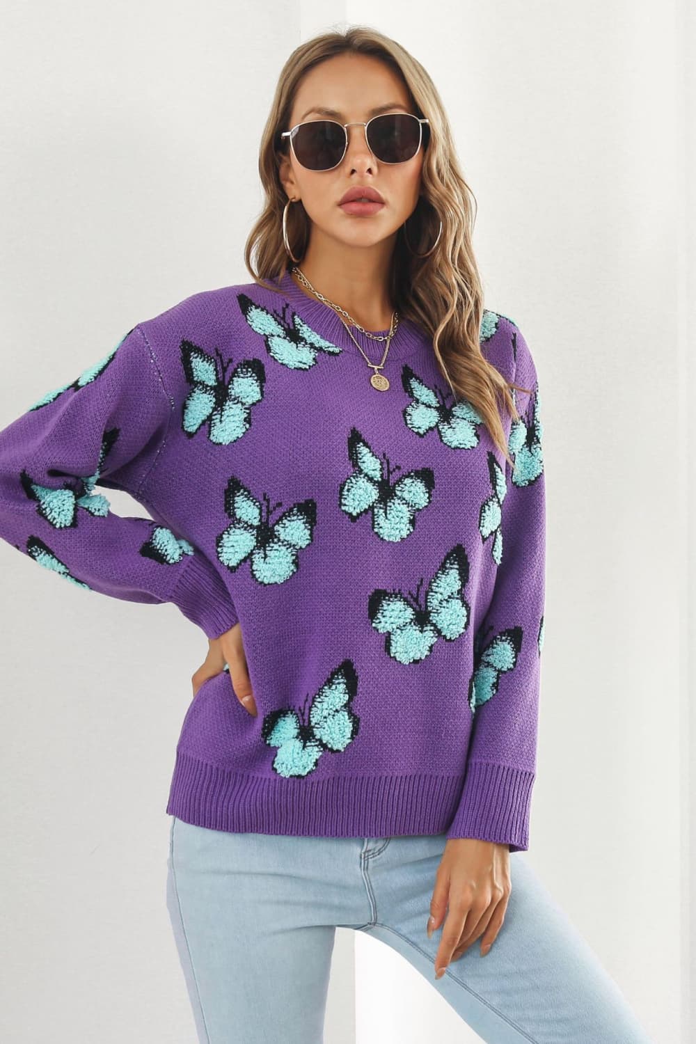 Butterfly Pattern Round Neck Dropped Shoulder Sweater The Stout Steer