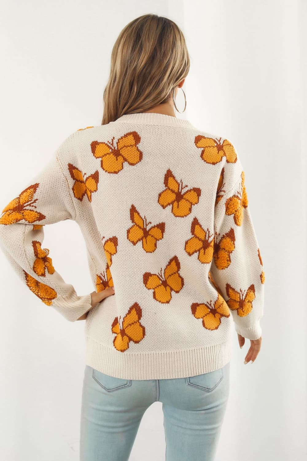 Butterfly Pattern Round Neck Dropped Shoulder Sweater The Stout Steer