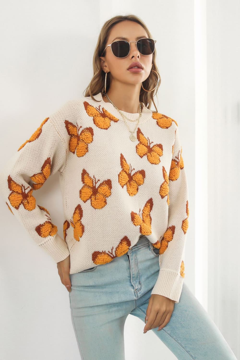 Butterfly Pattern Round Neck Dropped Shoulder Sweater The Stout Steer