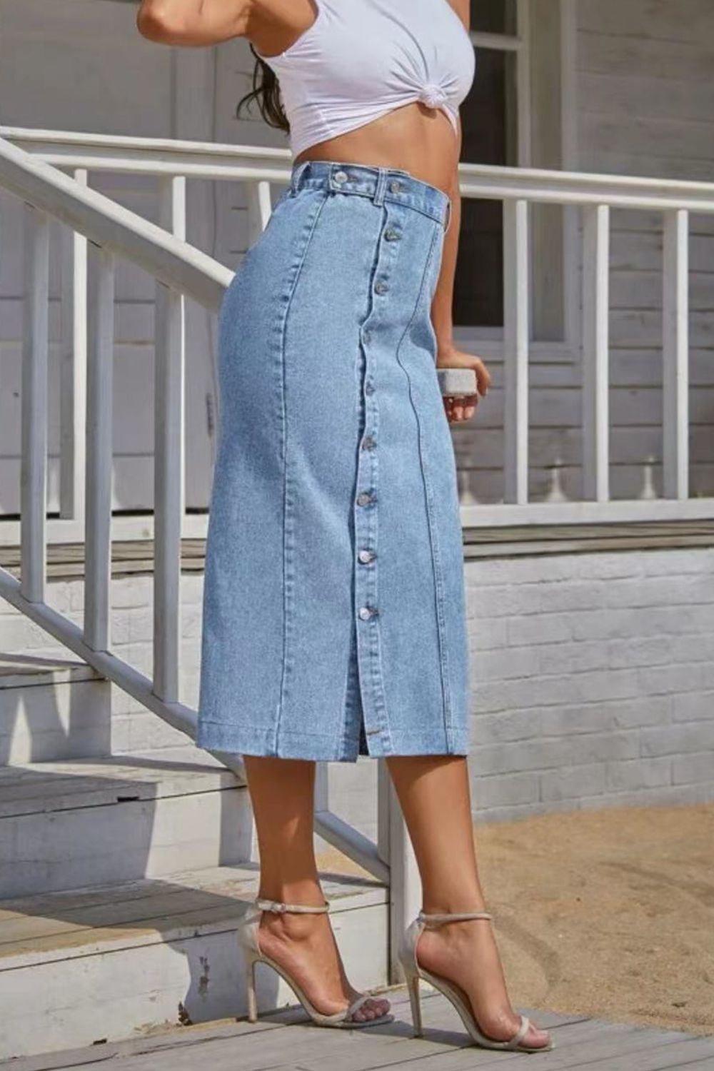 Button Fly Split Denim Skirt The Stout Steer