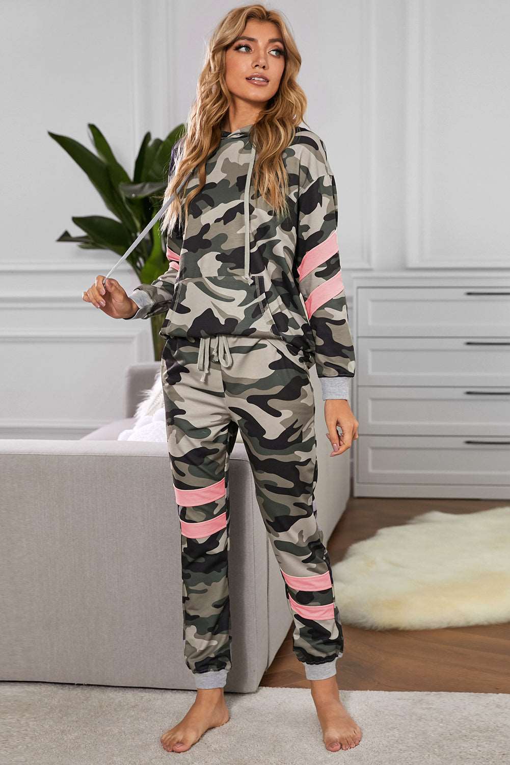 Camouflage Contrast Detail Hoodie and Joggers Lounge Set The Stout Steer