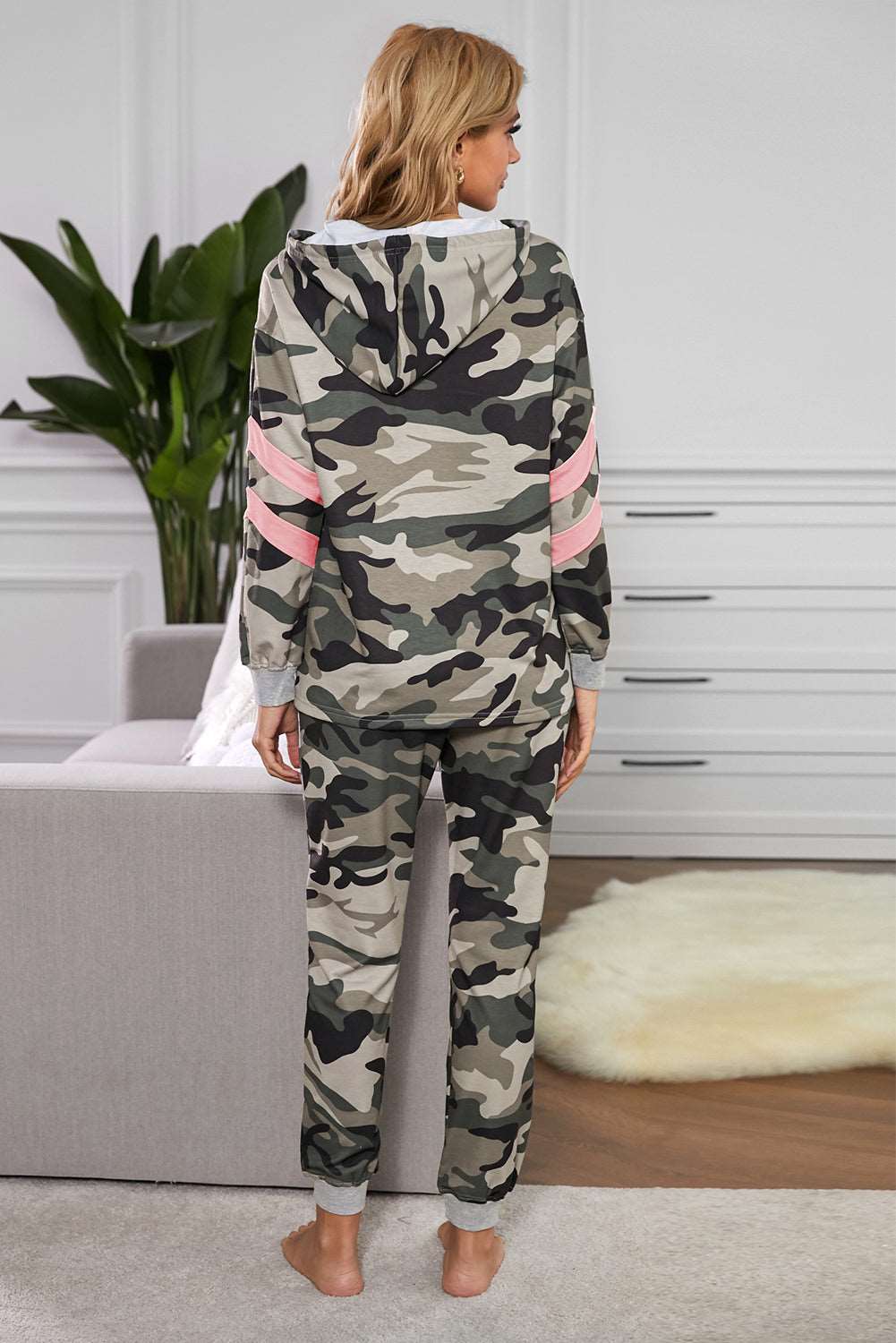 Camouflage Contrast Detail Hoodie and Joggers Lounge Set The Stout Steer