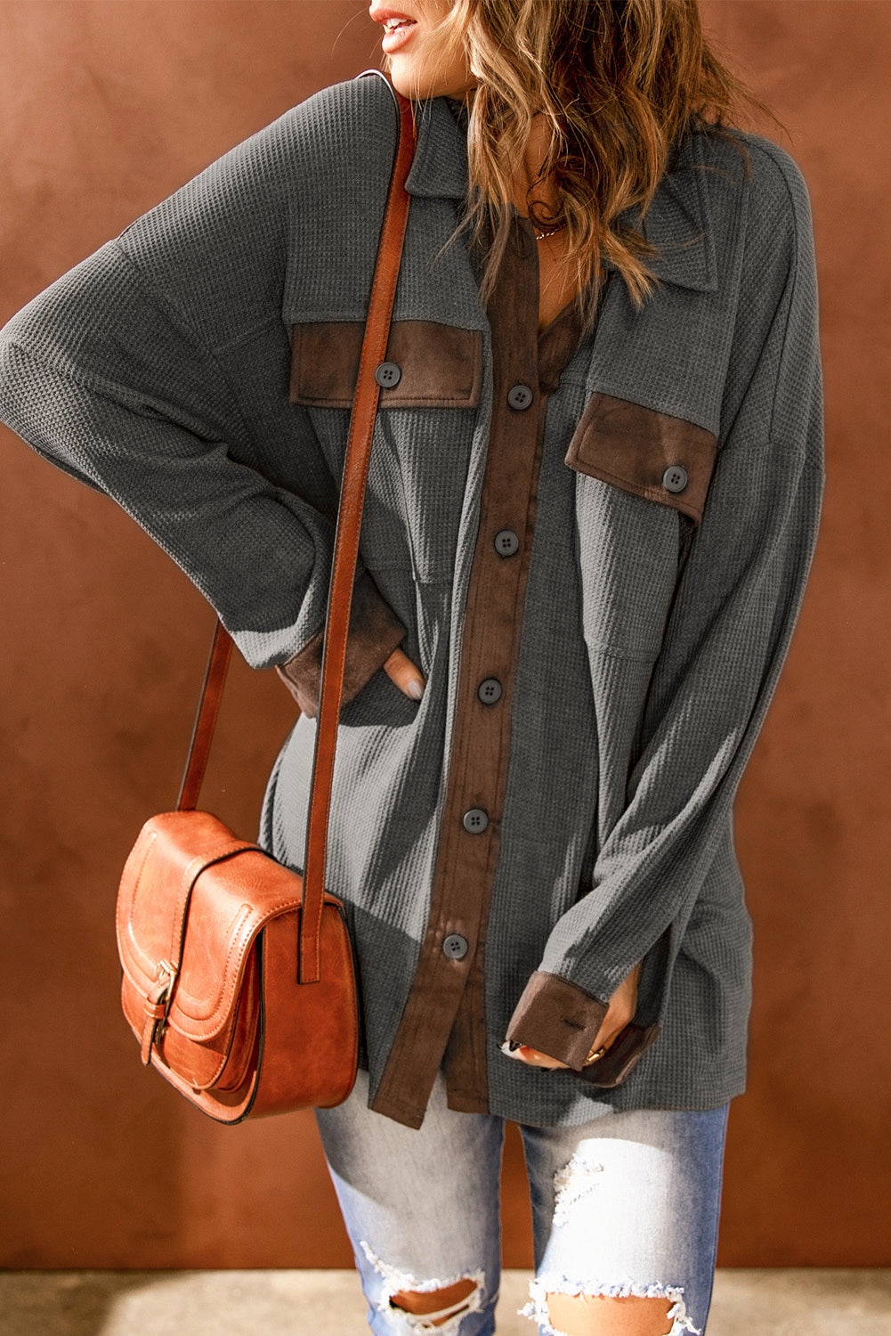 Contrast Waffle-Knit Shirt Jacket The Stout Steer