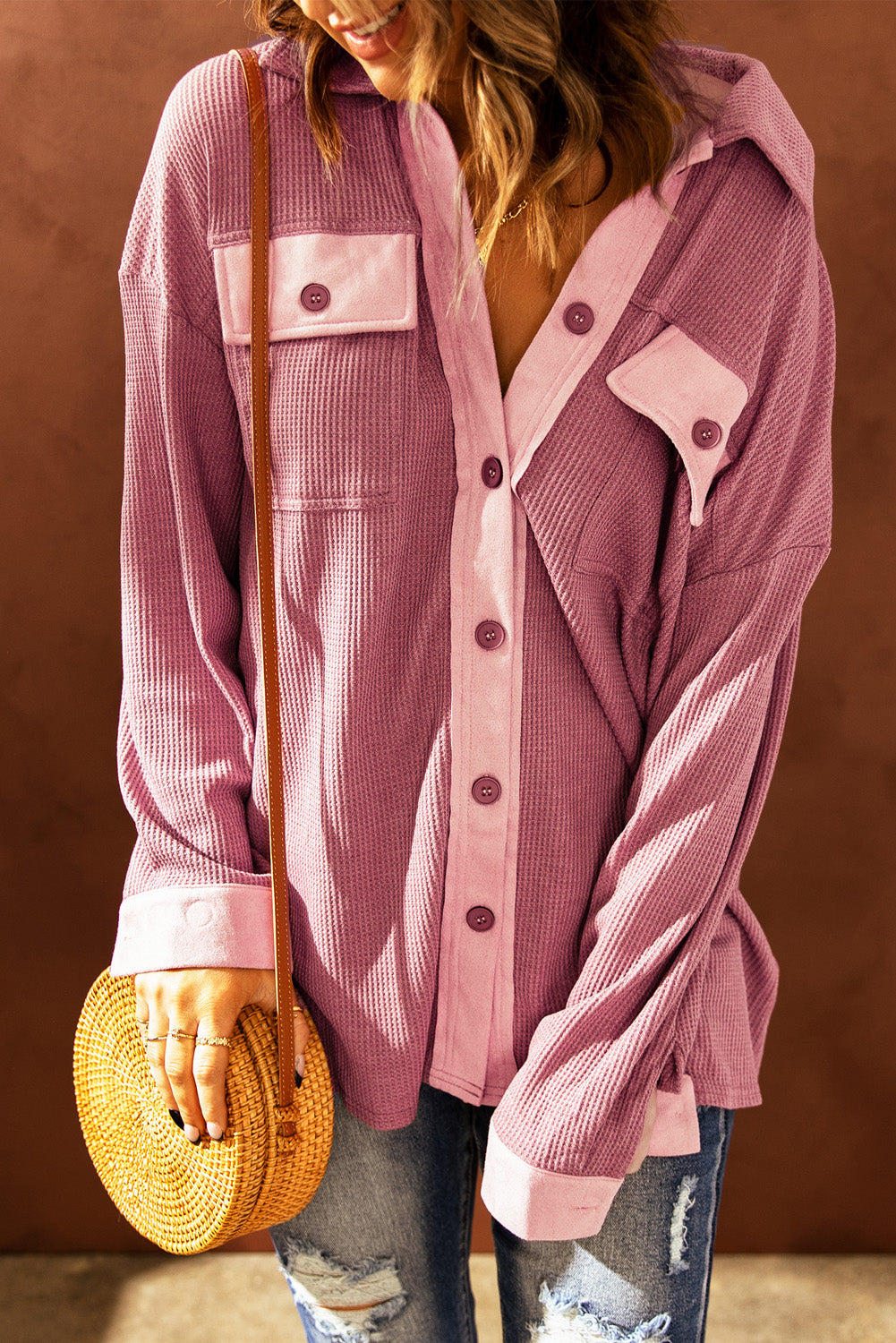 Contrast Waffle-Knit Shirt Jacket The Stout Steer