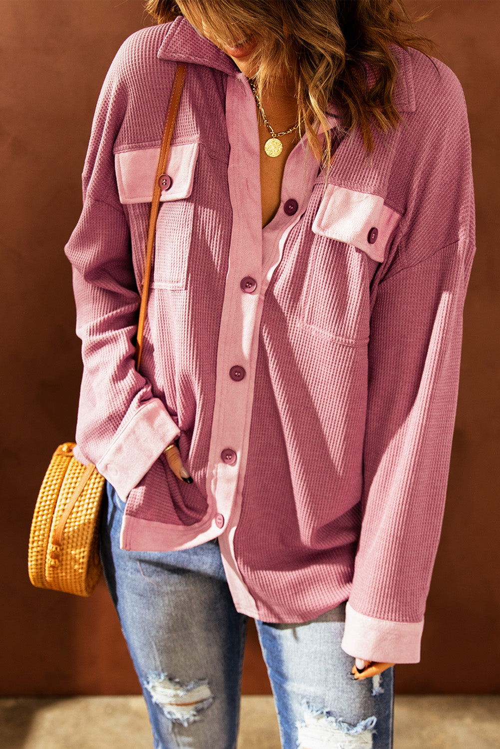 Contrast Waffle-Knit Shirt Jacket The Stout Steer
