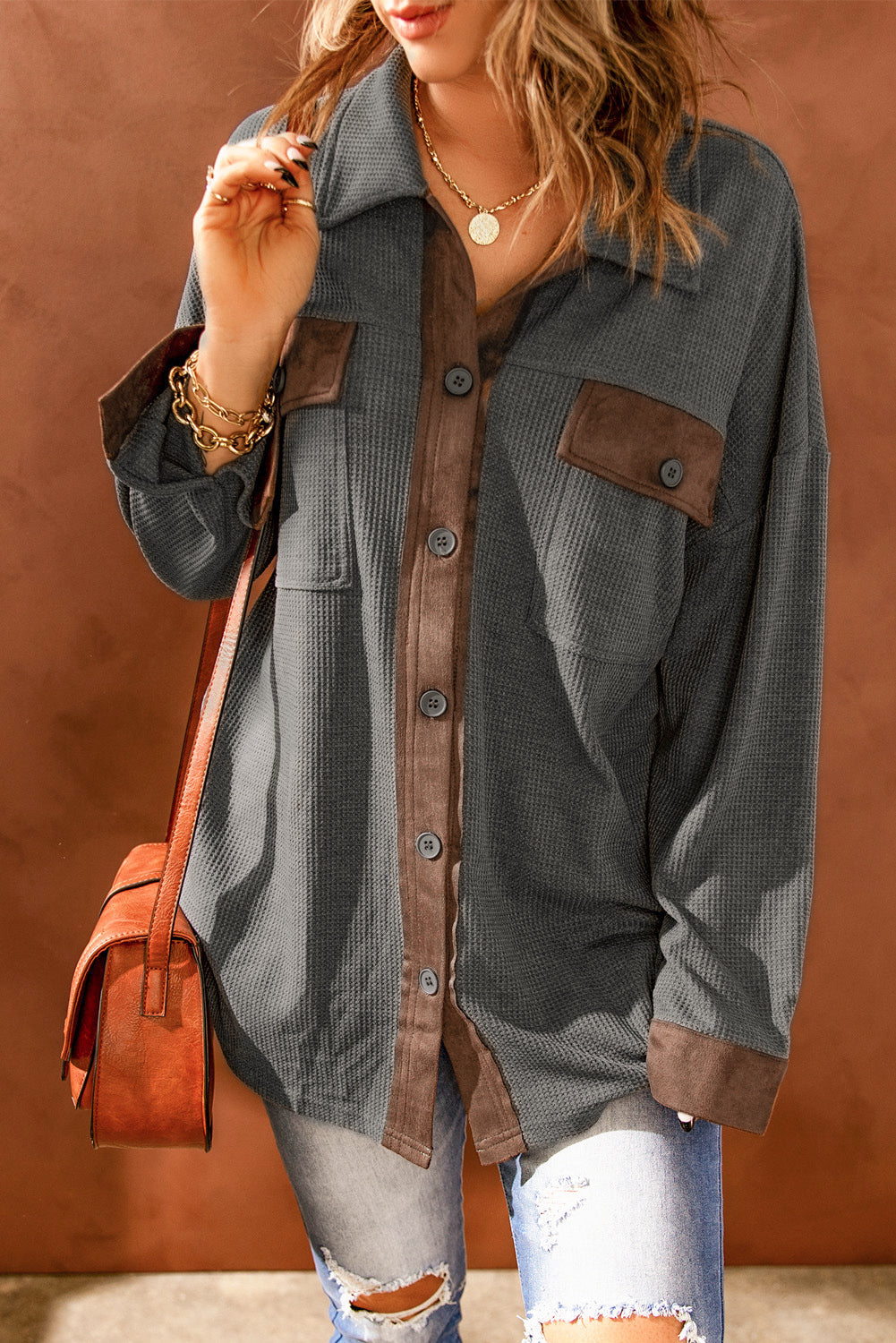 Contrast Waffle-Knit Shirt Jacket The Stout Steer