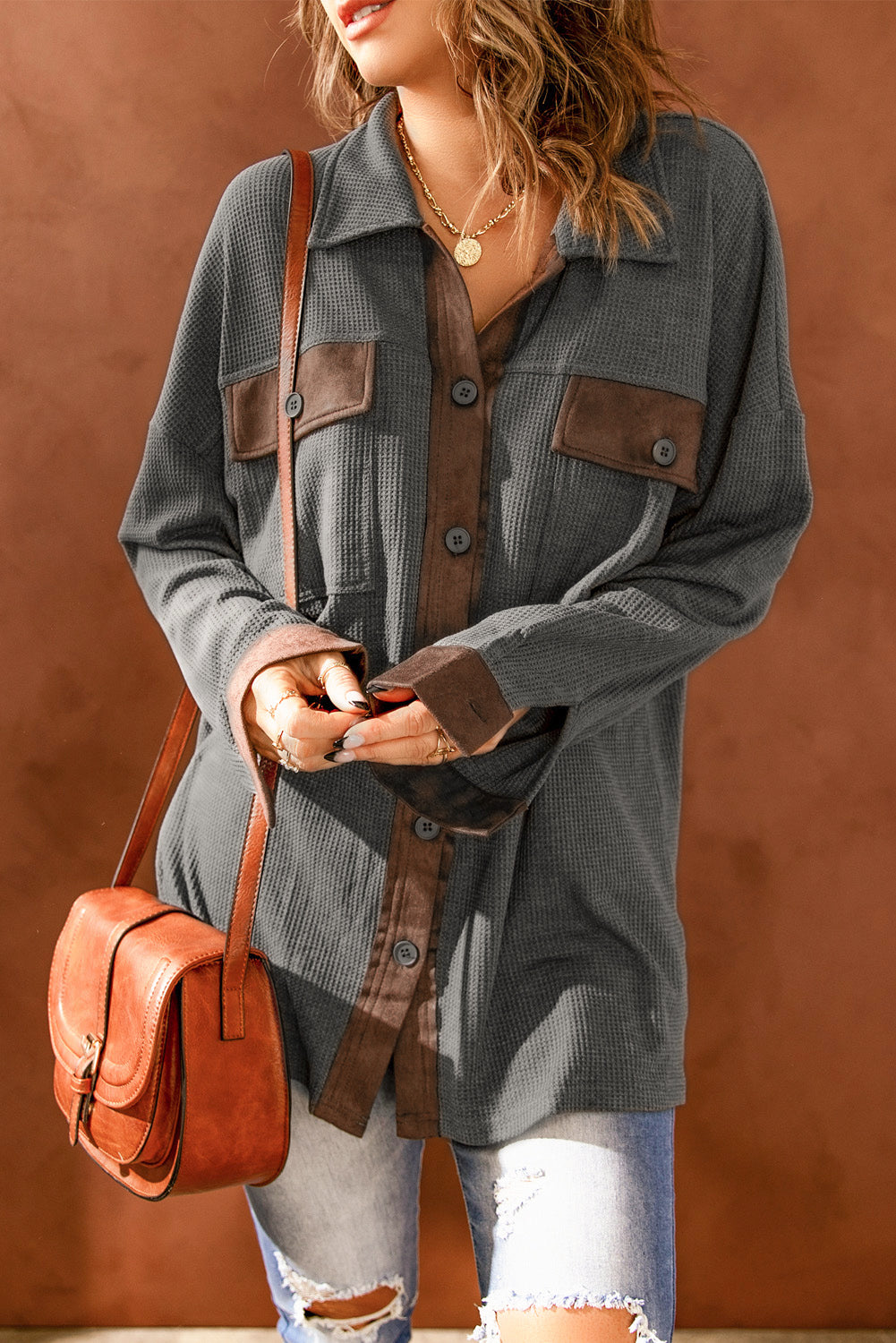 Contrast Waffle-Knit Shirt Jacket The Stout Steer