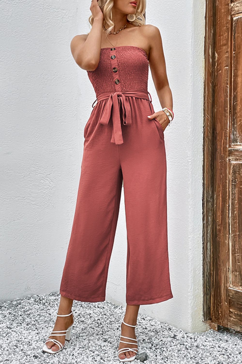 Decorative Button Strapless Smocked Jumpsuit with Pockets The Stout Steer