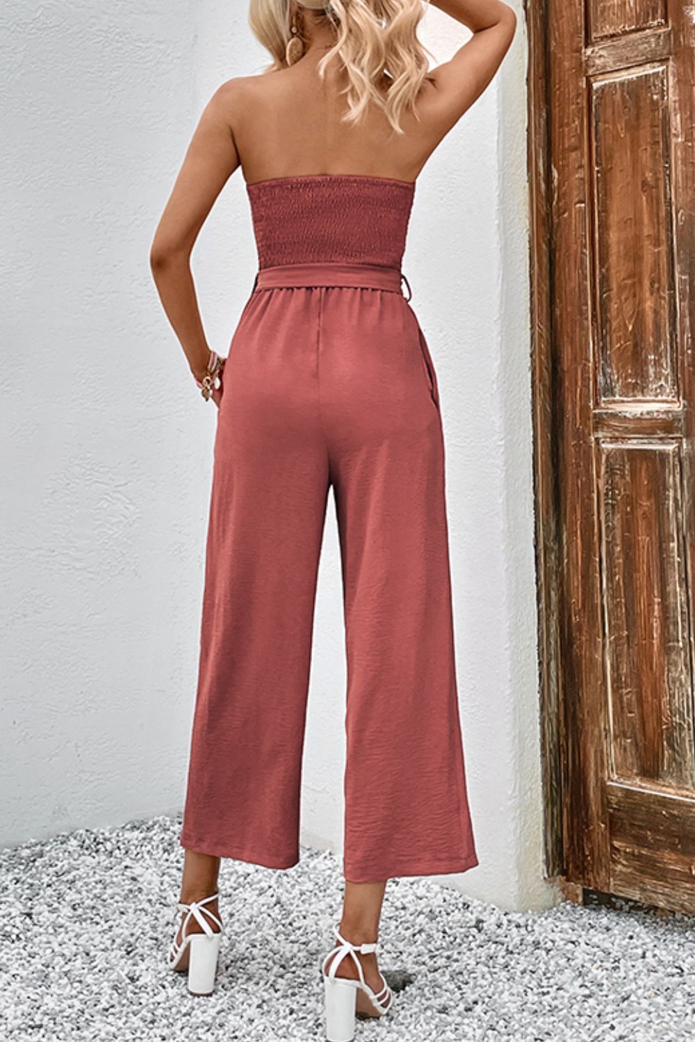 Decorative Button Strapless Smocked Jumpsuit with Pockets The Stout Steer