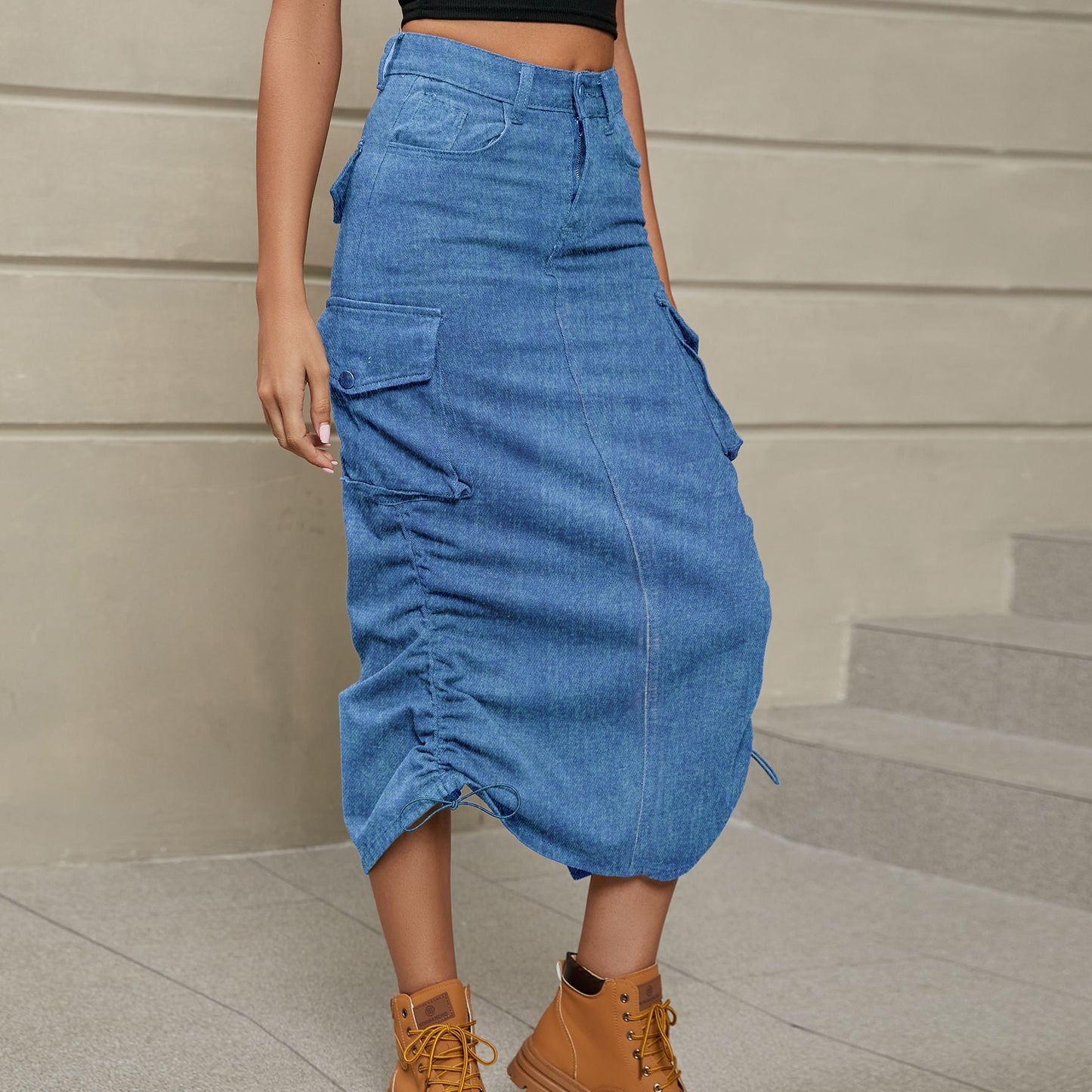 Drawstring Ruched Slit Denim Midi Skirt The Stout Steer