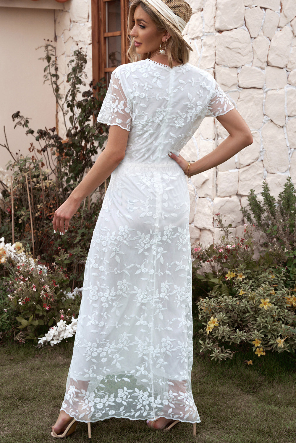 Embroidered Short Sleeve Surplice Neck Maxi Dress The Stout Steer