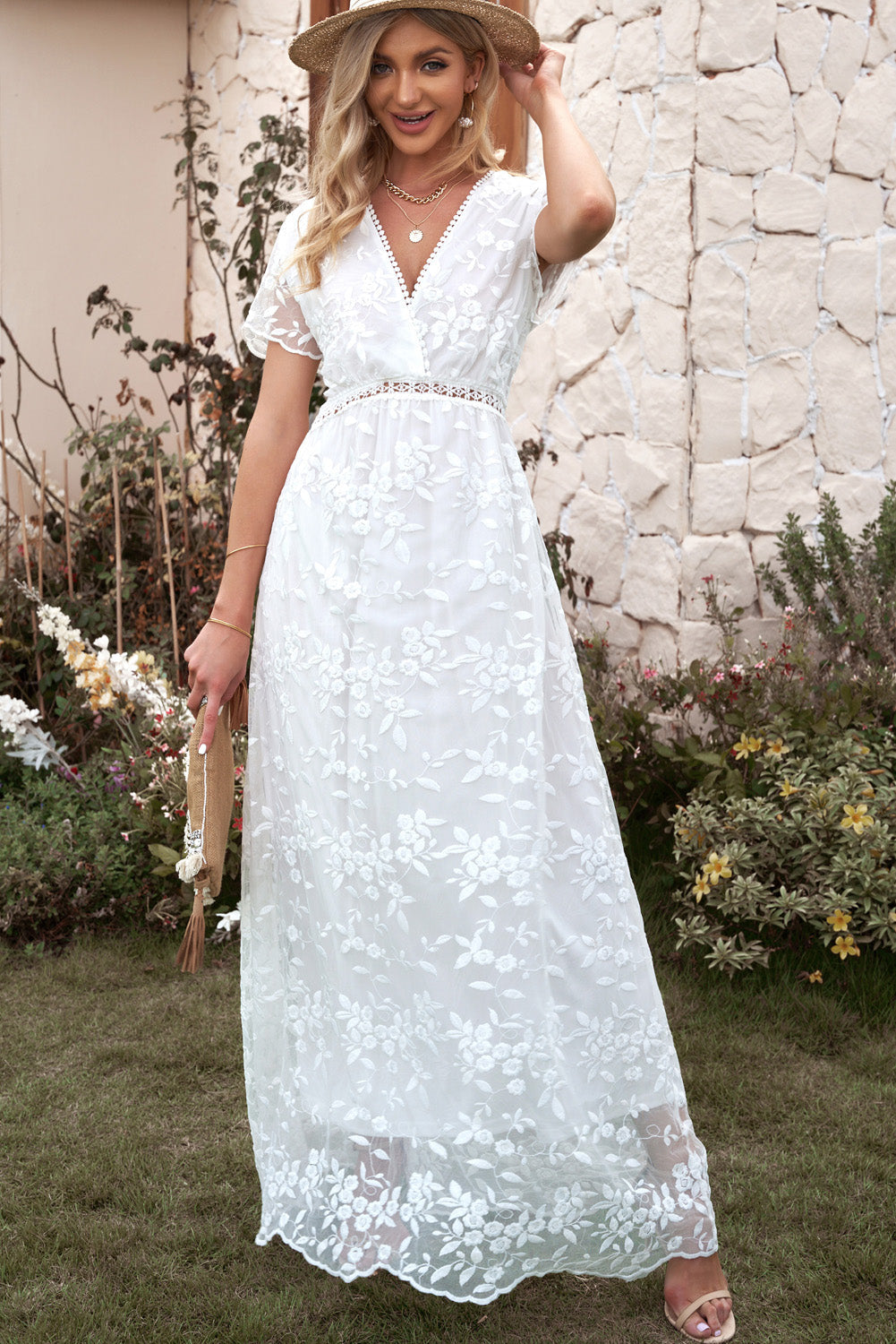 Embroidered Short Sleeve Surplice Neck Maxi Dress The Stout Steer