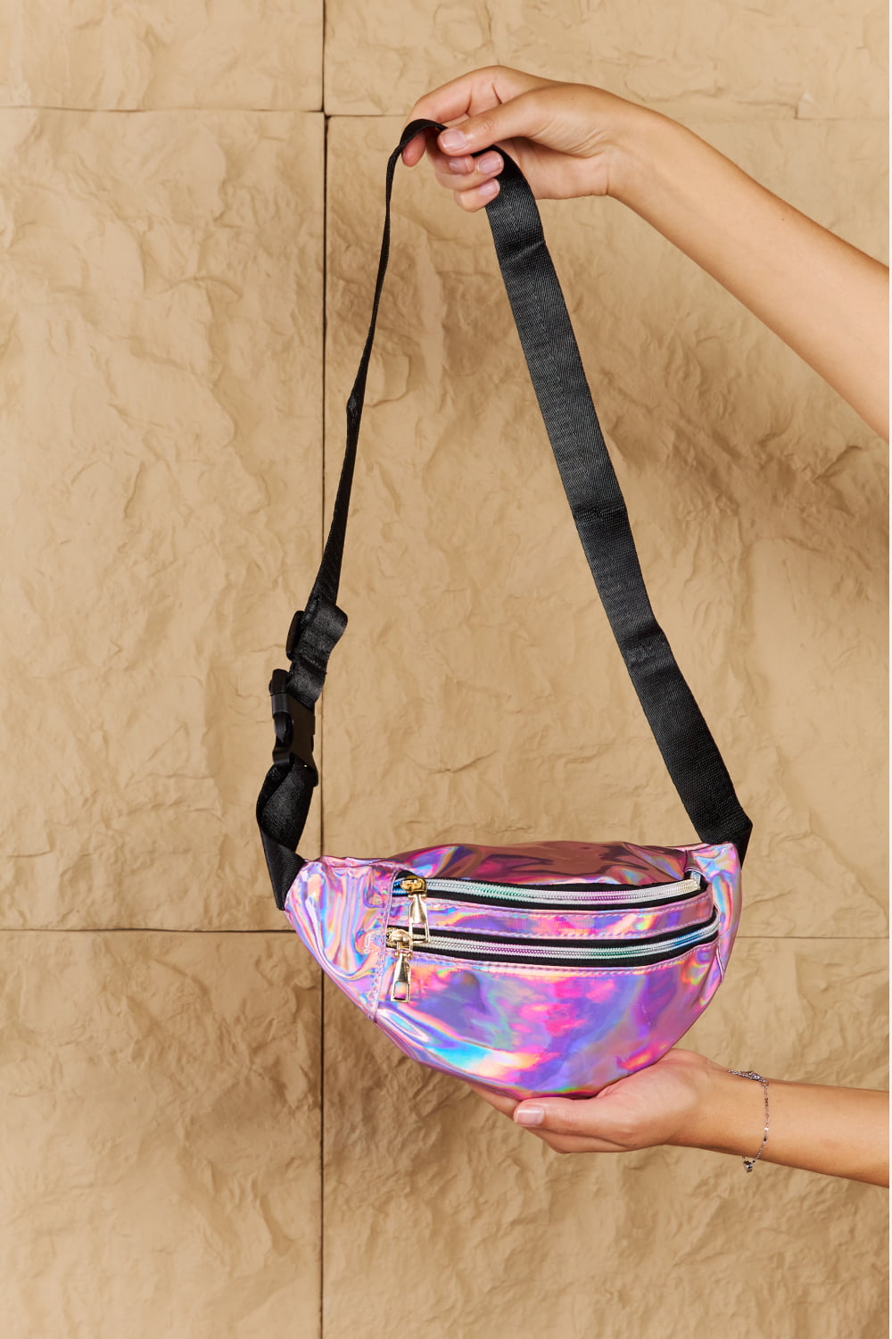 Fame Good Vibrations Holographic Double Zipper Fanny Pack in Hot Pink The Stout Steer