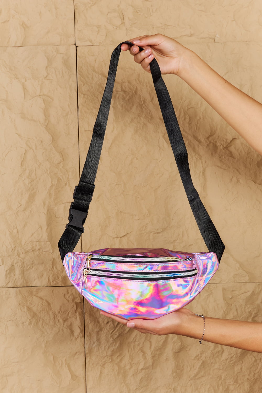 Fame Good Vibrations Holographic Double Zipper Fanny Pack in Hot Pink The Stout Steer