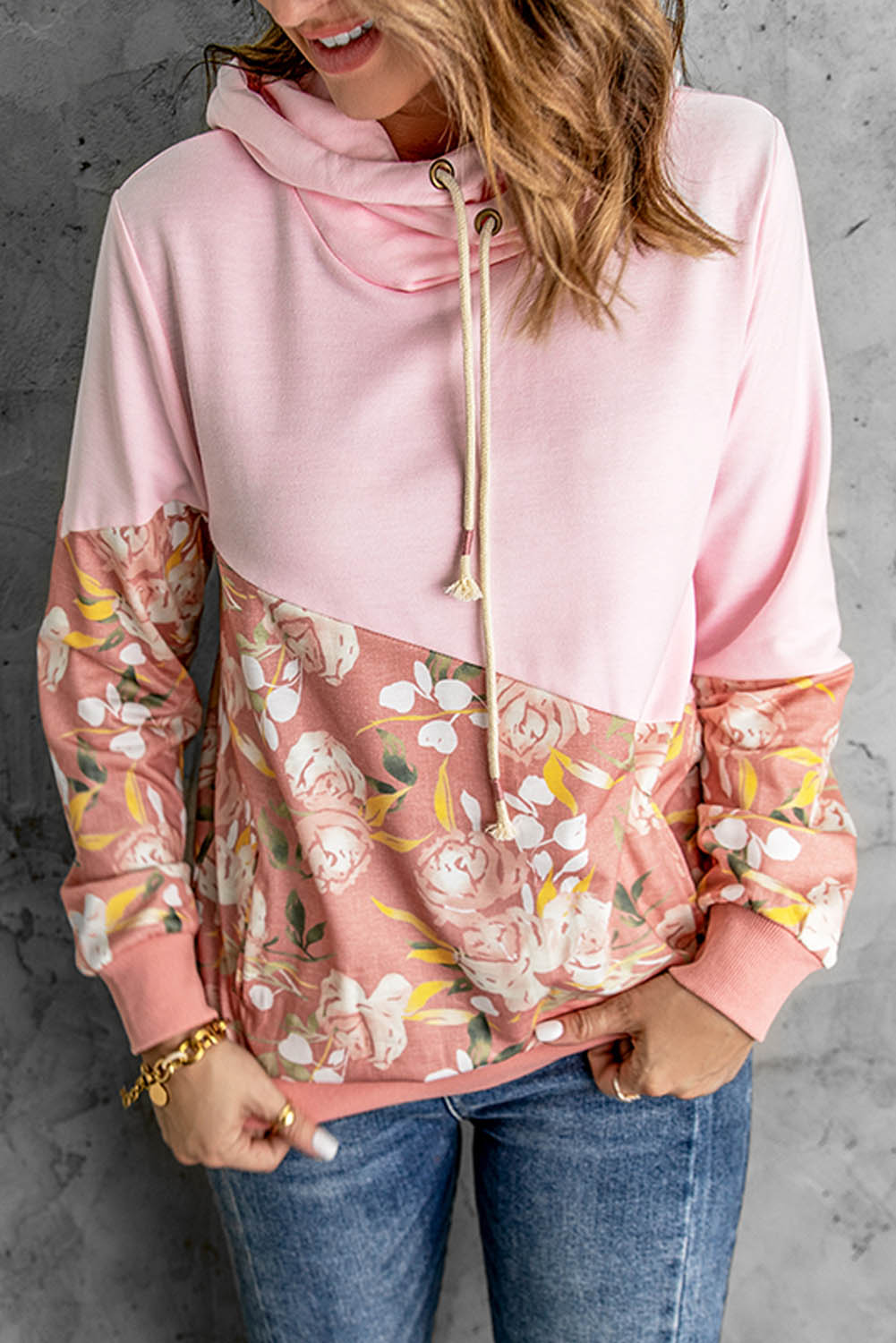 Floral Color Block Drawstring Hoodie The Stout Steer