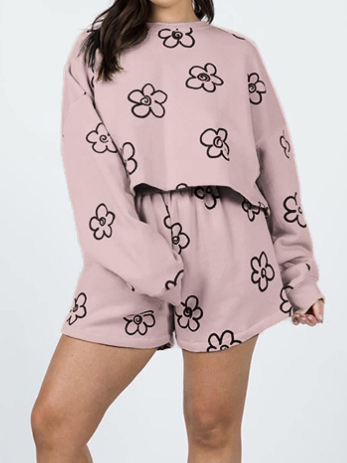 Floral Dropped Shoulder Sweatshirt and Shorts Set The Stout Steer
