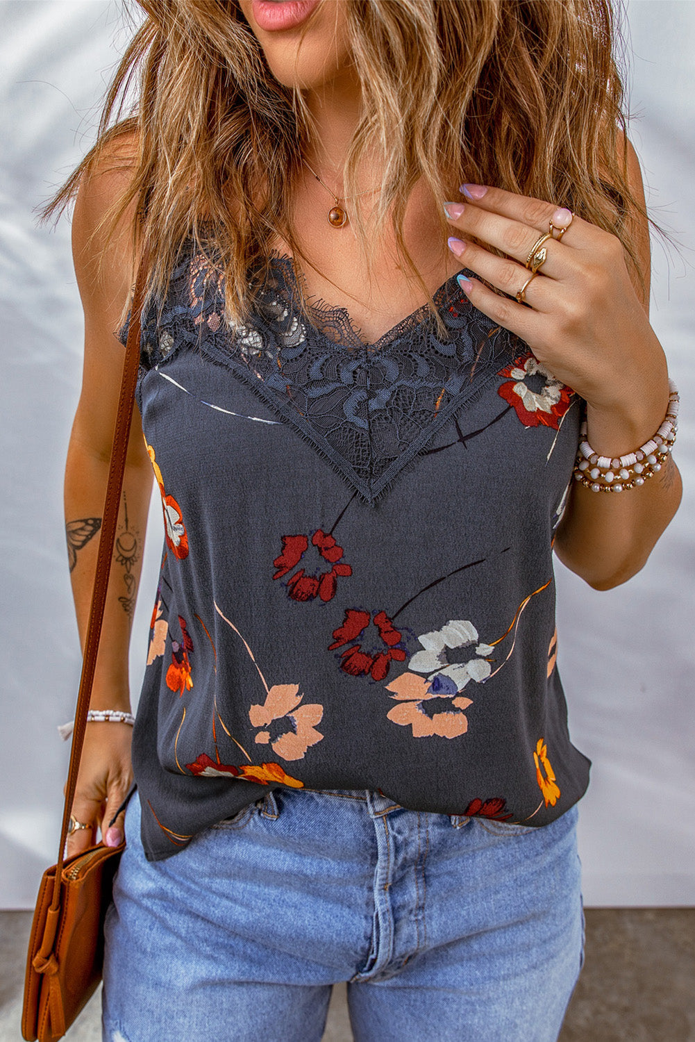 Floral Lace Trim V-Neck Cami The Stout Steer