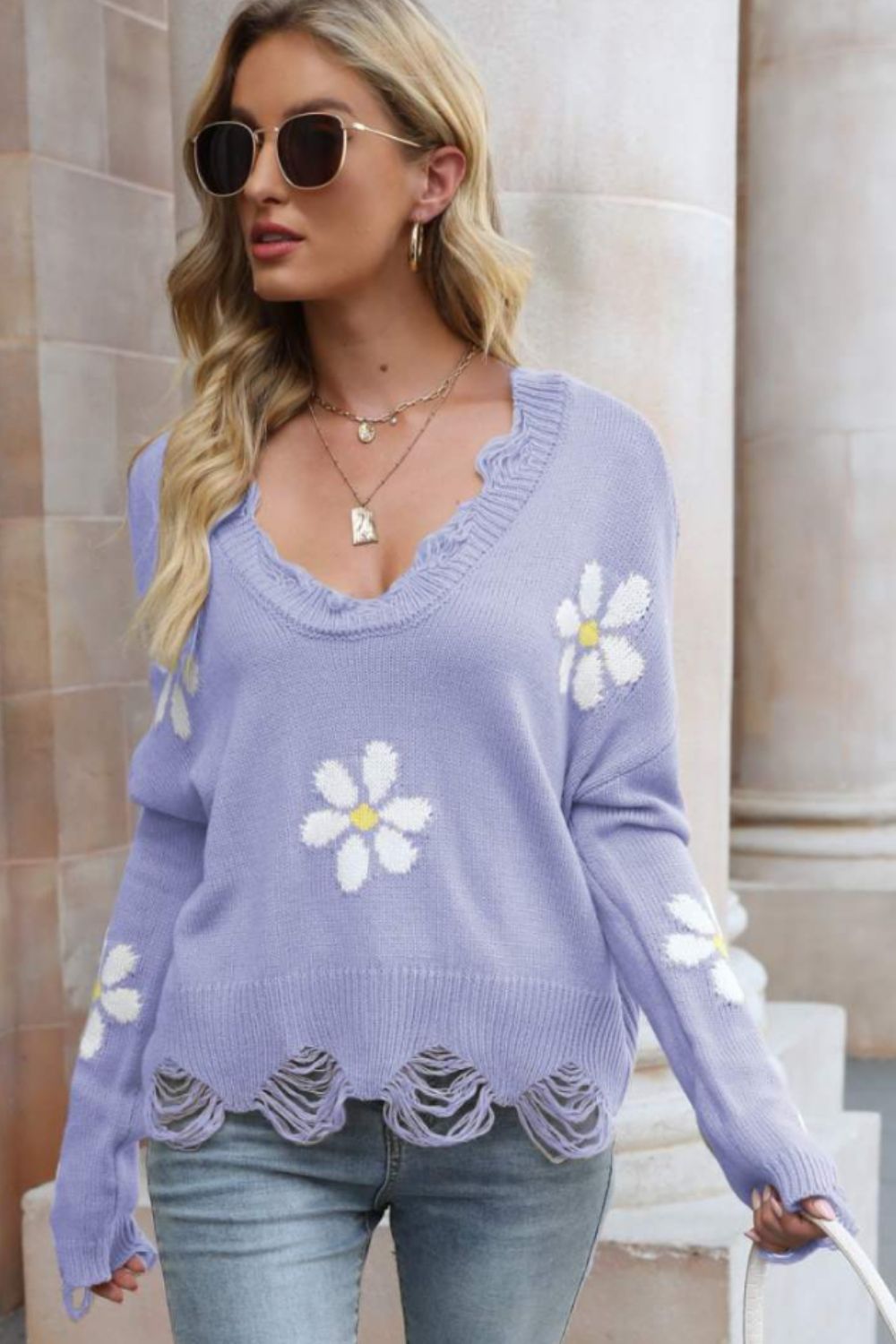 Flower Distressed Ribbed Trim Sweater The Stout Steer