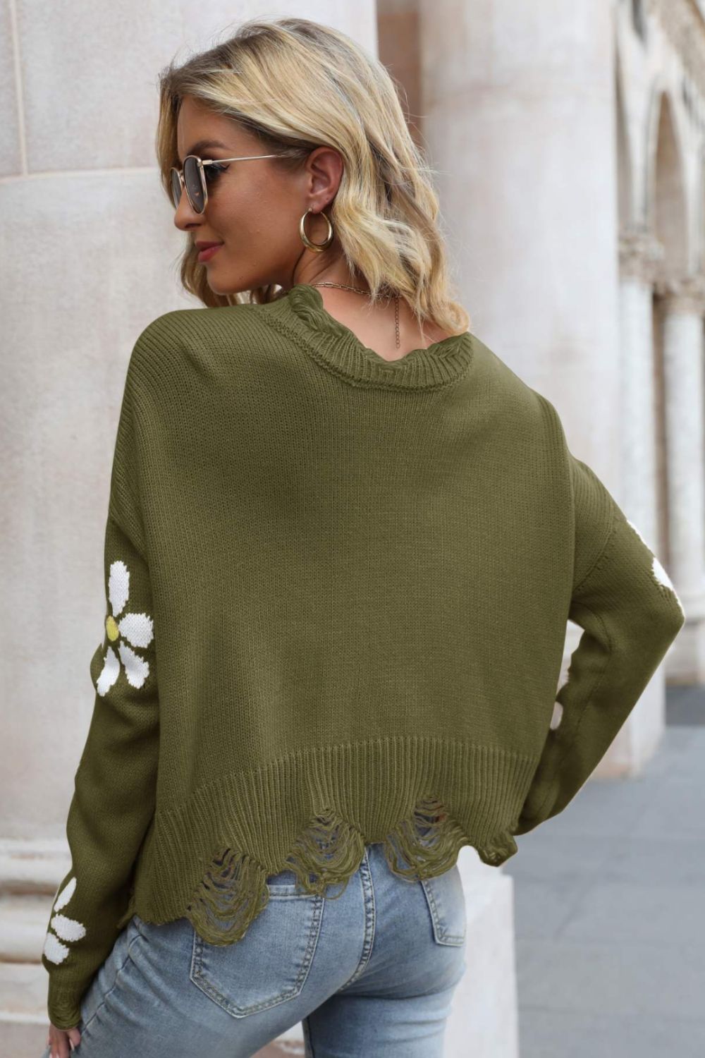Flower Distressed Ribbed Trim Sweater The Stout Steer