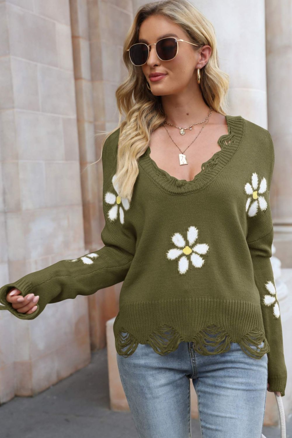 Flower Distressed Ribbed Trim Sweater The Stout Steer