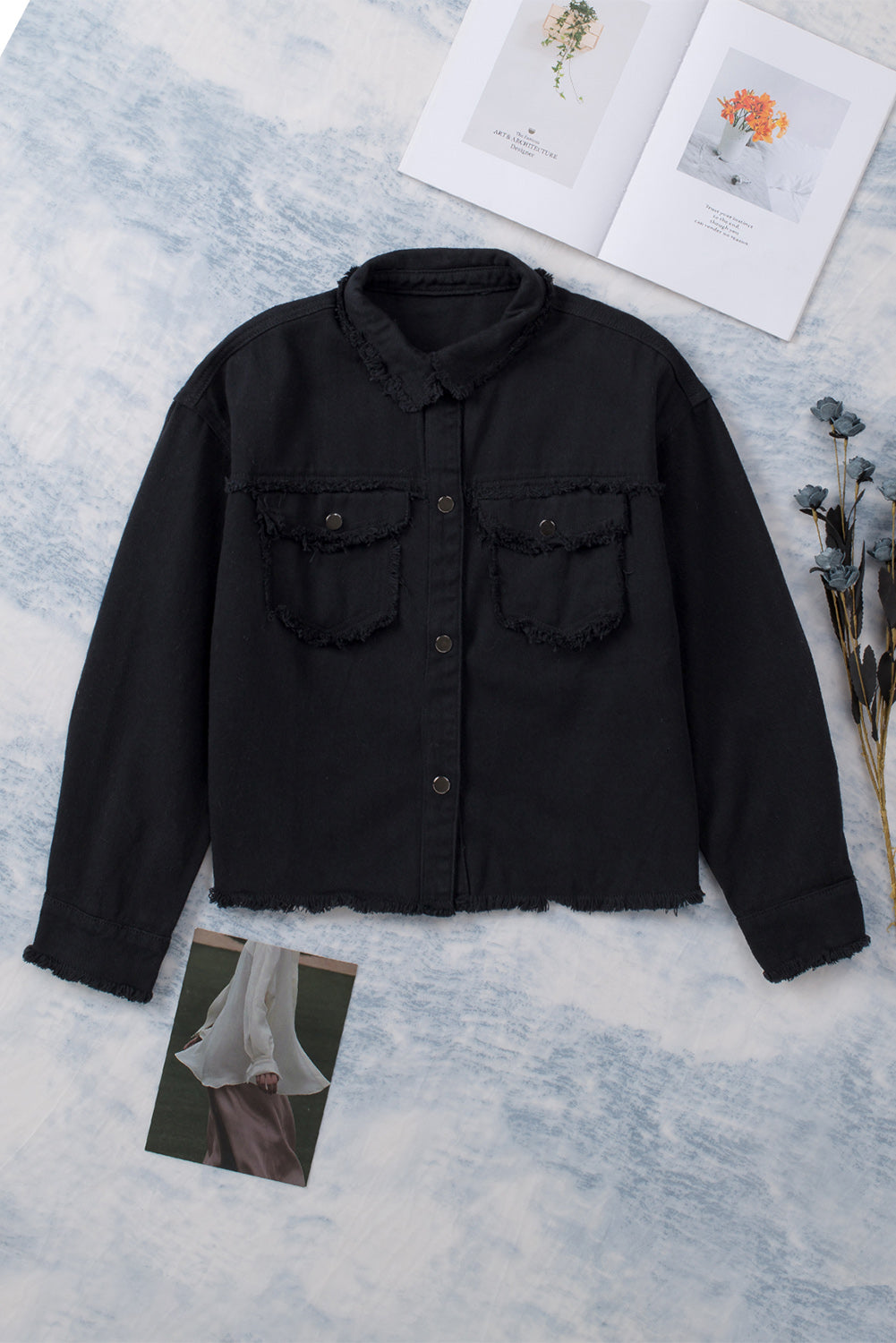 Frayed Trim Snap Down Denim Jacket The Stout Steer