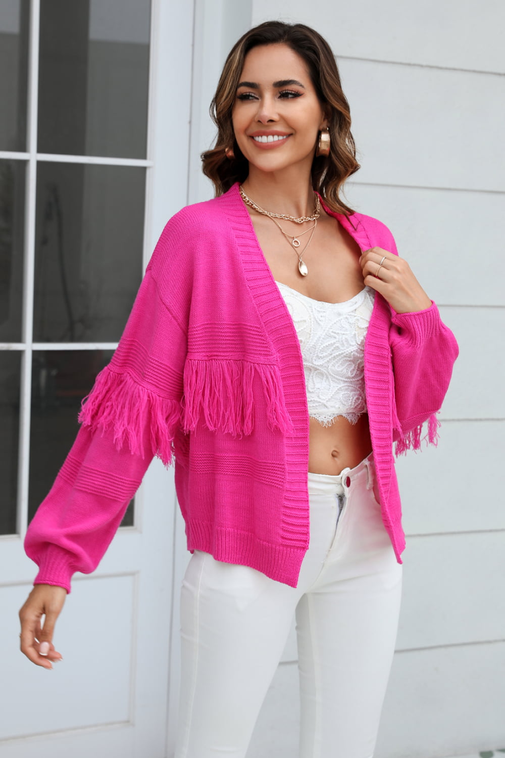 Fringe Trim Open Front Cardigan The Stout Steer