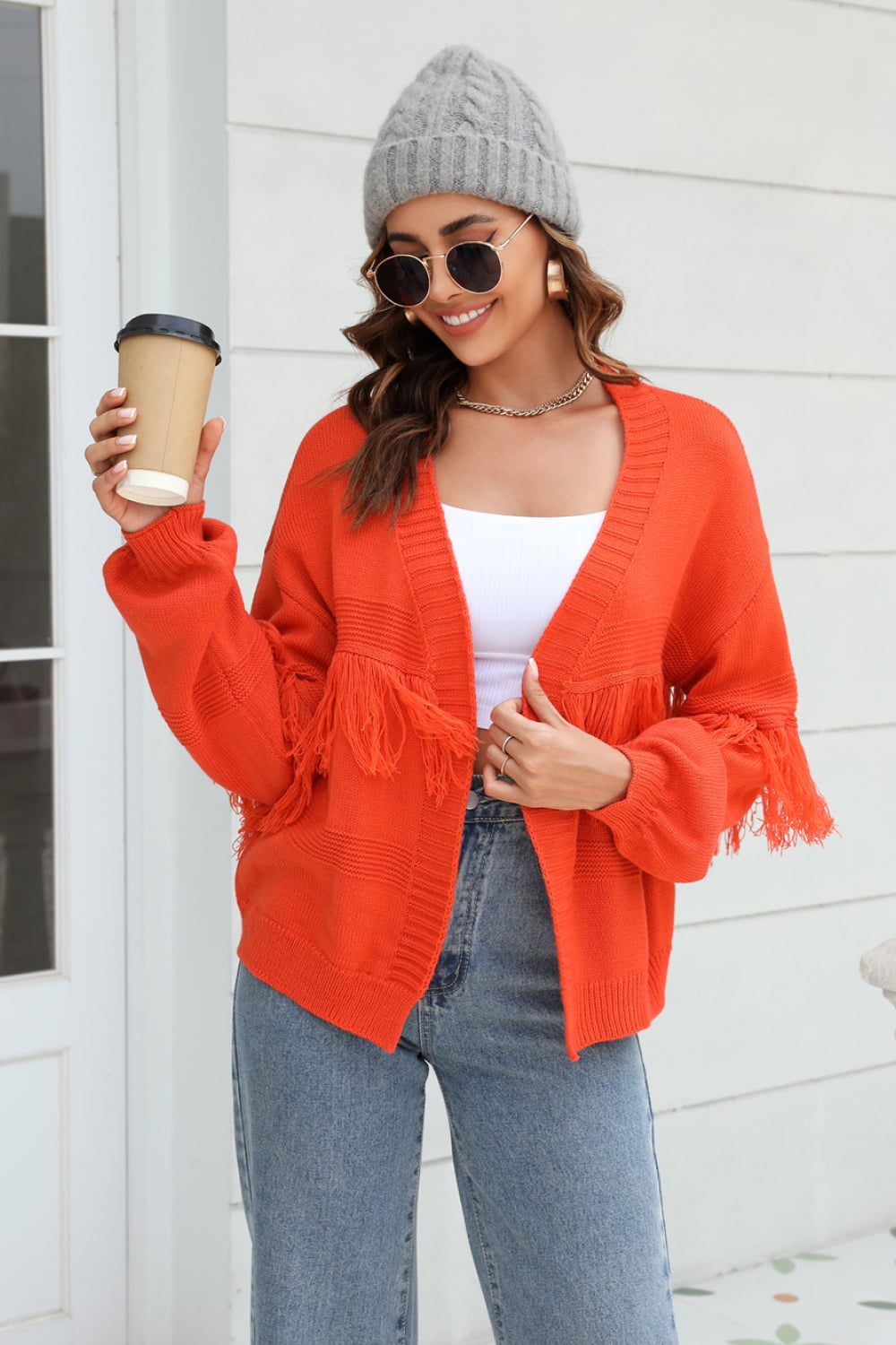 Fringe Trim Open Front Cardigan The Stout Steer