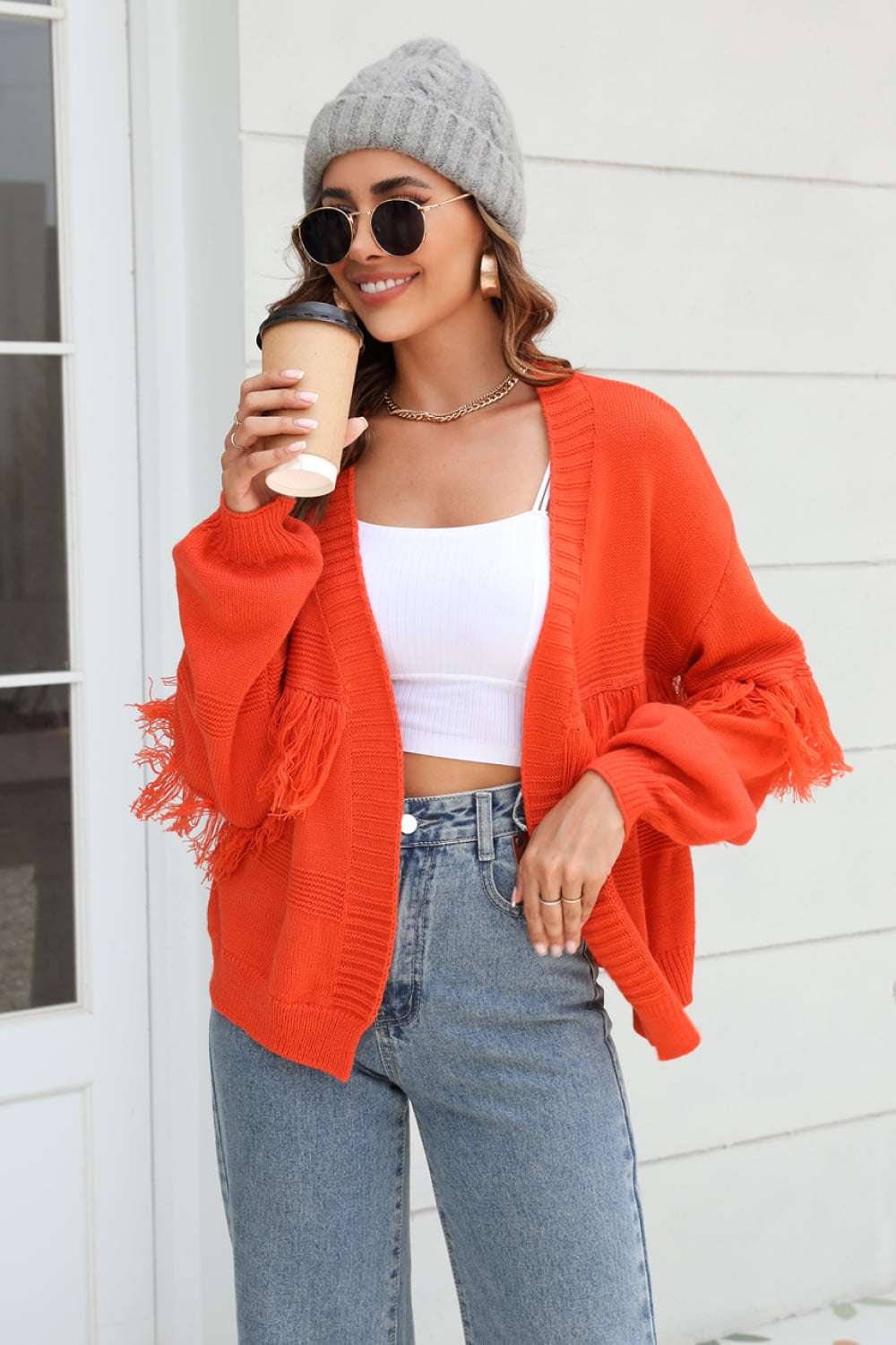 Fringe Trim Open Front Cardigan The Stout Steer