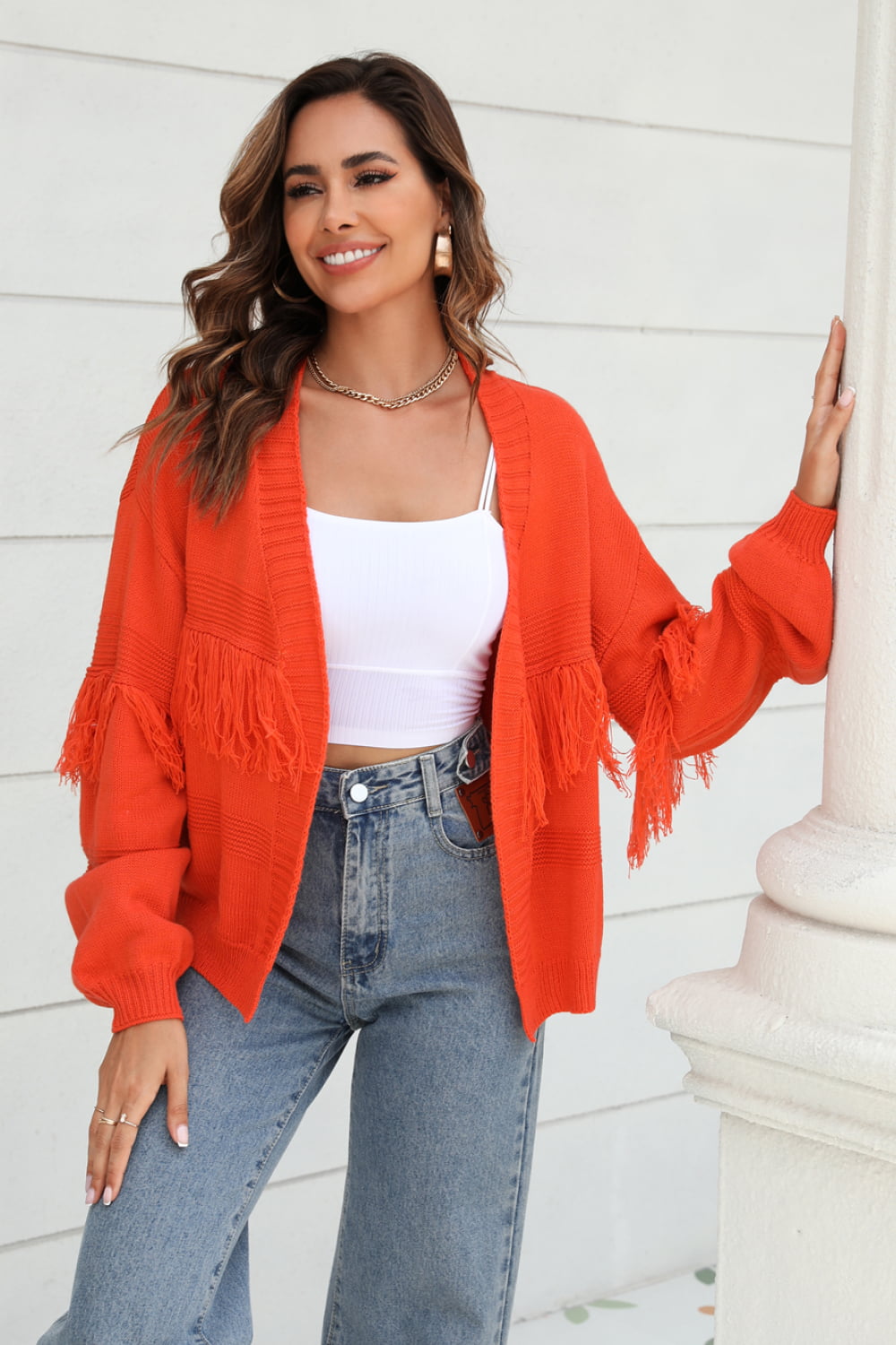 Fringe Trim Open Front Cardigan The Stout Steer
