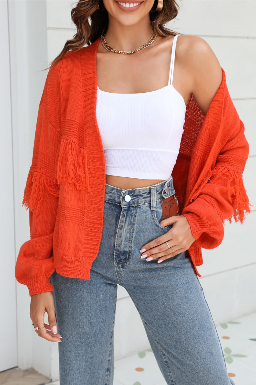 Fringe Trim Open Front Cardigan The Stout Steer