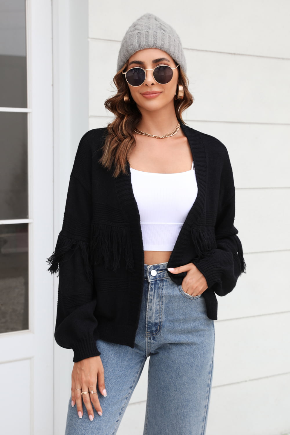 Fringe Trim Open Front Cardigan The Stout Steer