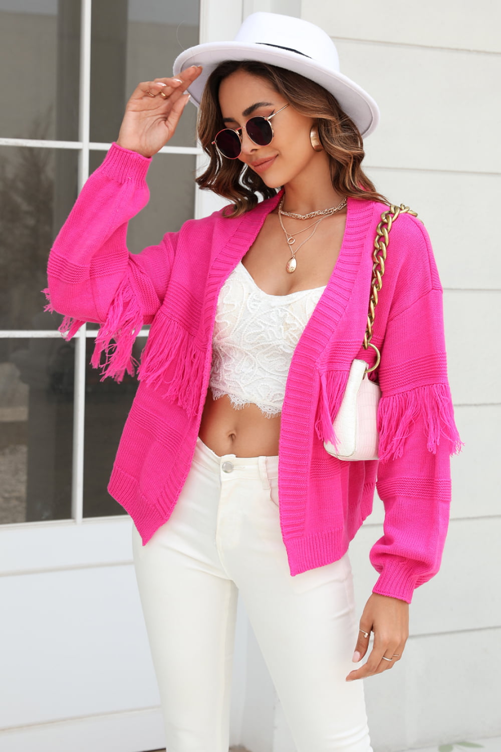 Fringe Trim Open Front Cardigan The Stout Steer