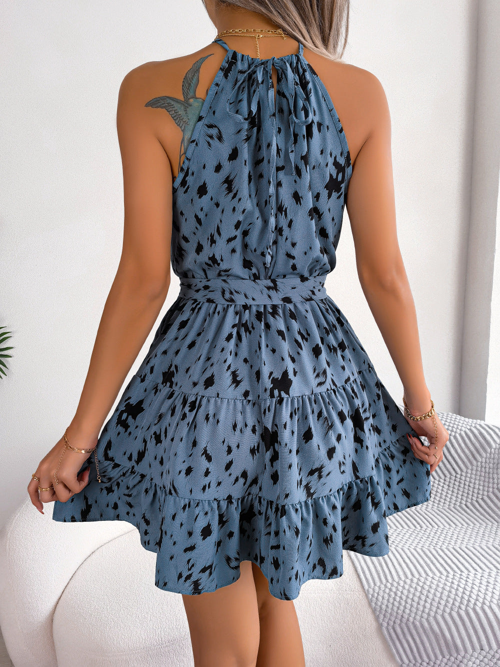 Halter Neck Printed Tie Waist Sleeveless Mini Dress The Stout Steer